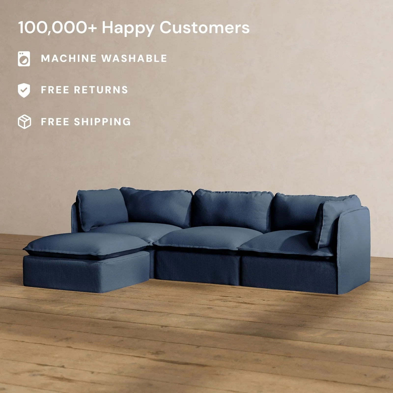 Modular Washable 3-Seater Sectional in Sumi | Deluxe  Seat | Cloud Pillow