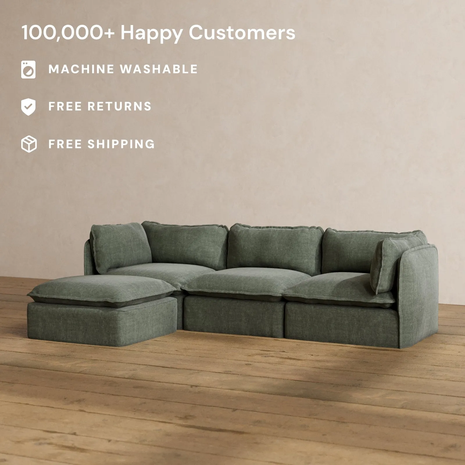 Modular Washable 3-Seater Sectional in Willow | Deluxe  Seat | Cloud Pillow