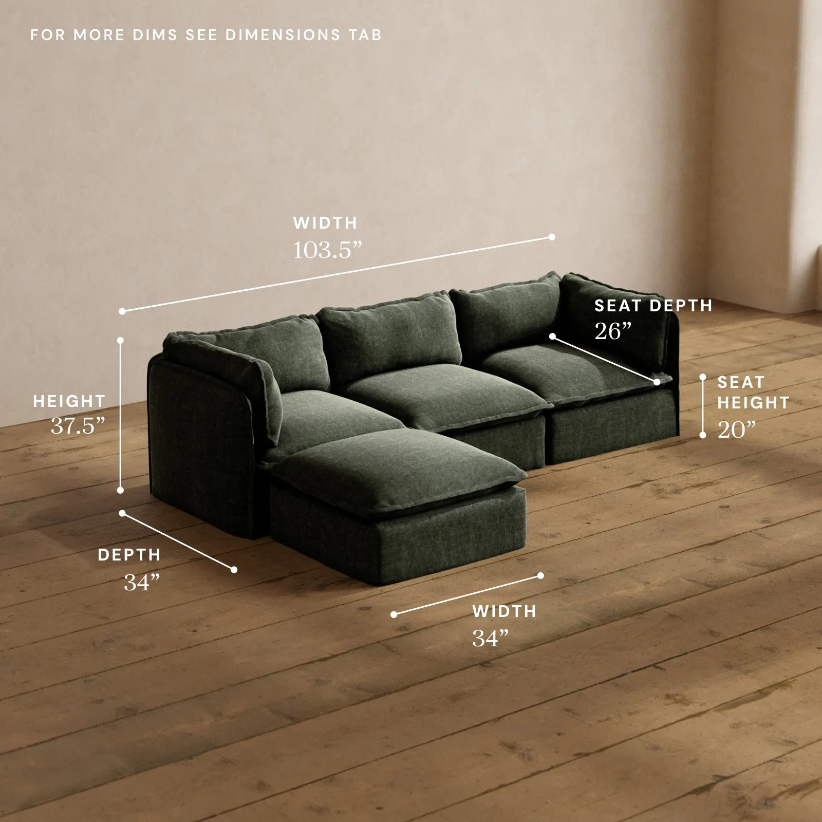 Modular Washable 3-Seater Sectional in Willow | Deluxe  Seat | Cloud Pillow