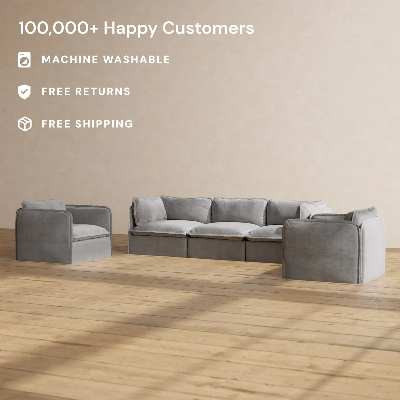 Modular Washable 3-Seater Sofa   Armchair Set in Ash | Deluxe  Seat | Cloud Pillow