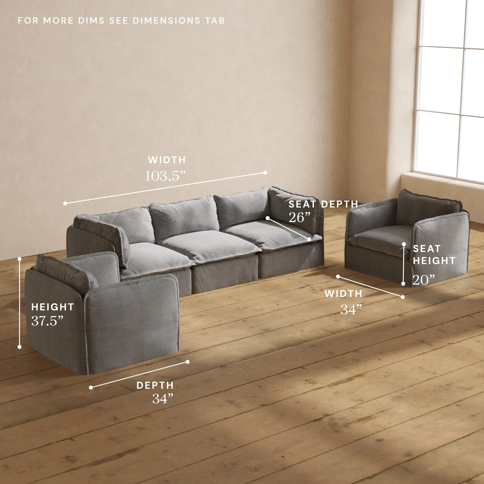 Modular Washable 3-Seater Sofa   Armchair Set in Ash | Deluxe  Seat | Cloud Pillow