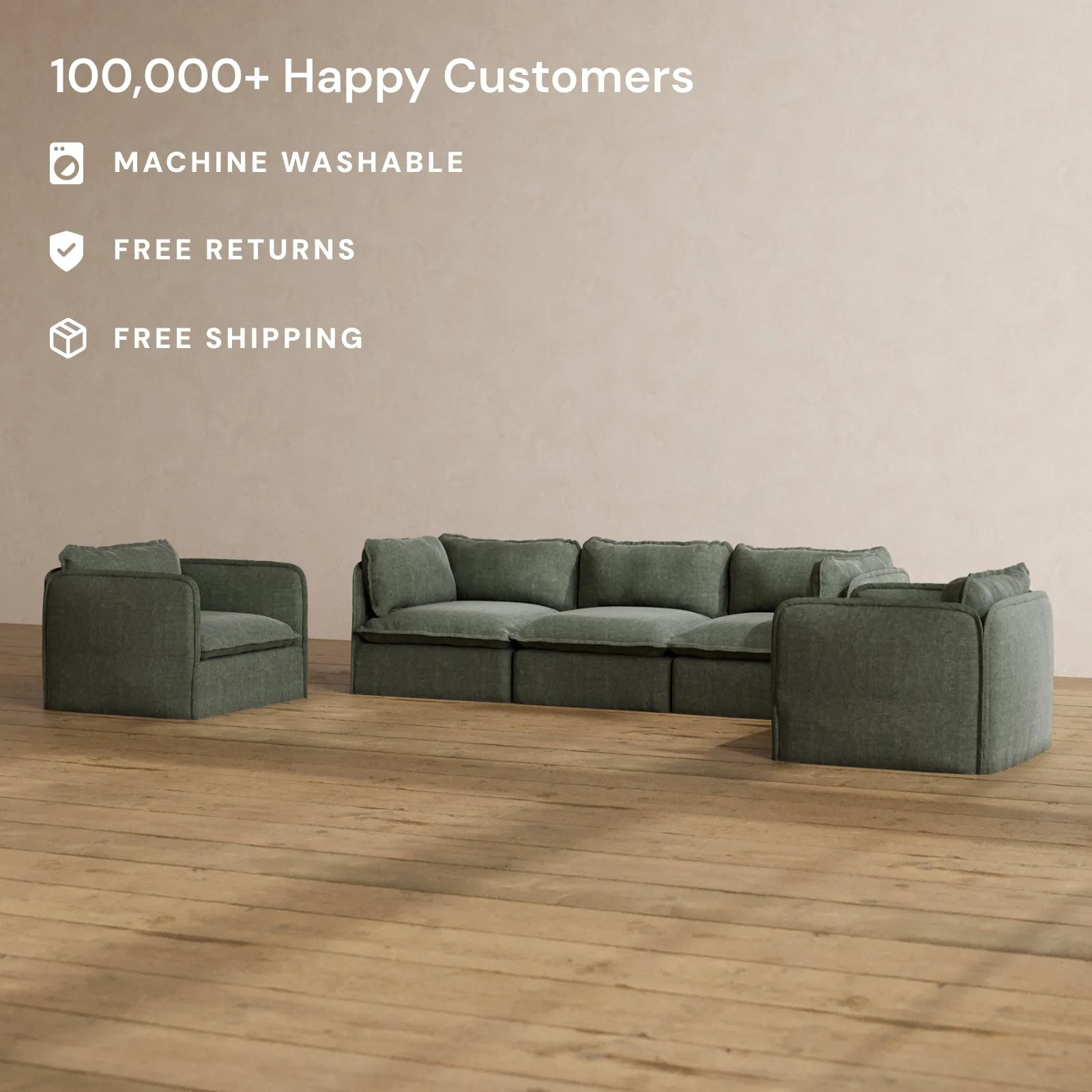 Modular Washable 3-Seater Sofa   Armchair Set in Willow | Memorix  Seat | Contour Pillow