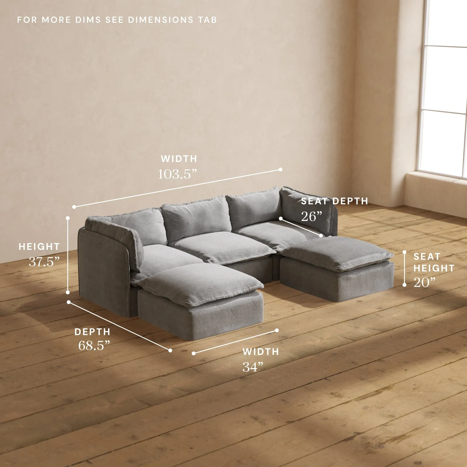 Modular Washable 3-Seater U-Sectional in Ash | Deluxe  Seat | Cloud Pillow