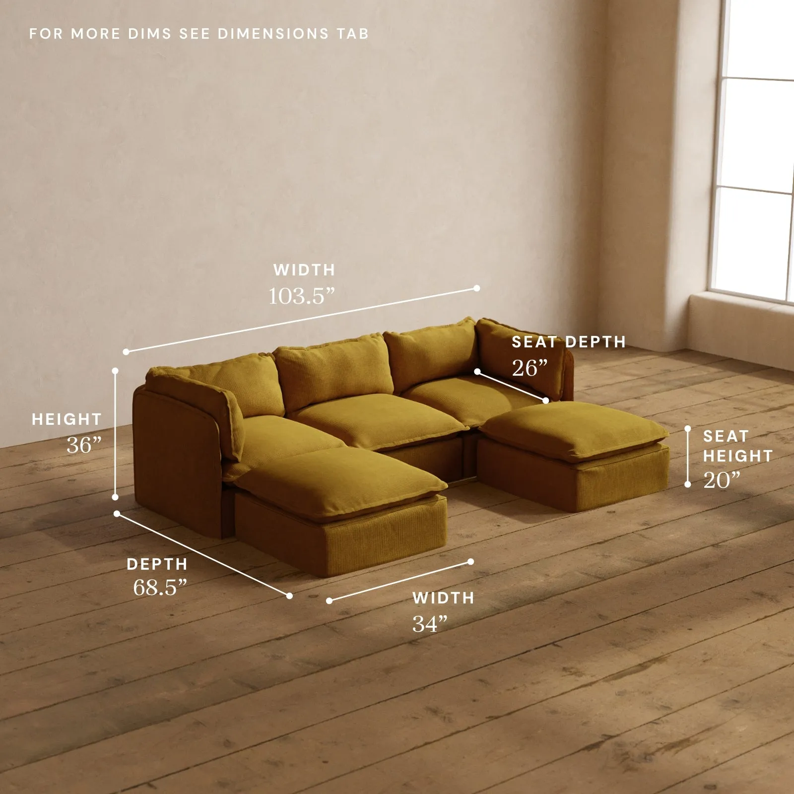 Modular Washable 3-Seater U-Sectional in Kiiro | Deluxe  Seat | Cloud Pillow