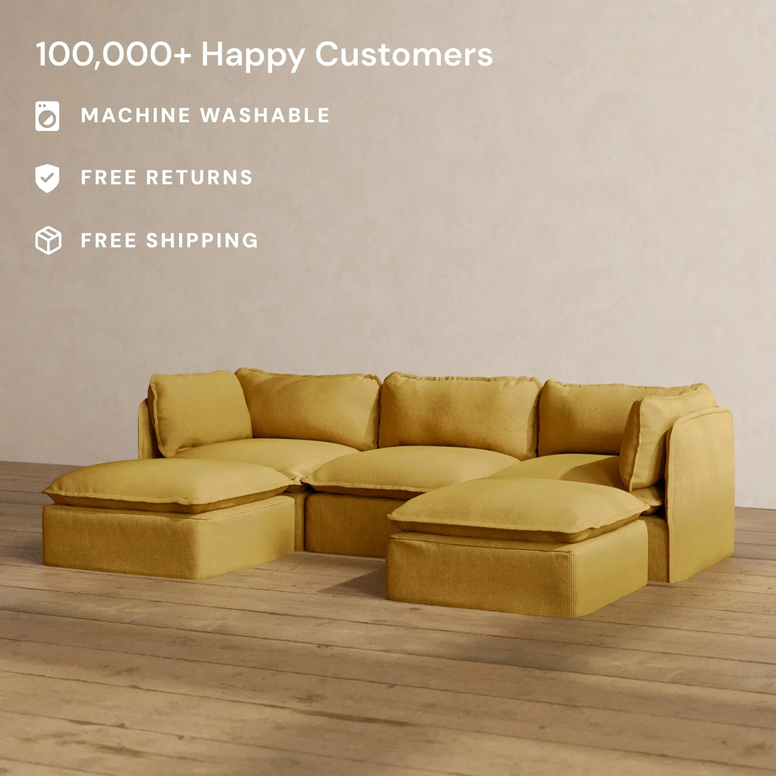 Modular Washable 3-Seater U-Sectional in Kiiro | Deluxe  Seat | Cloud Pillow