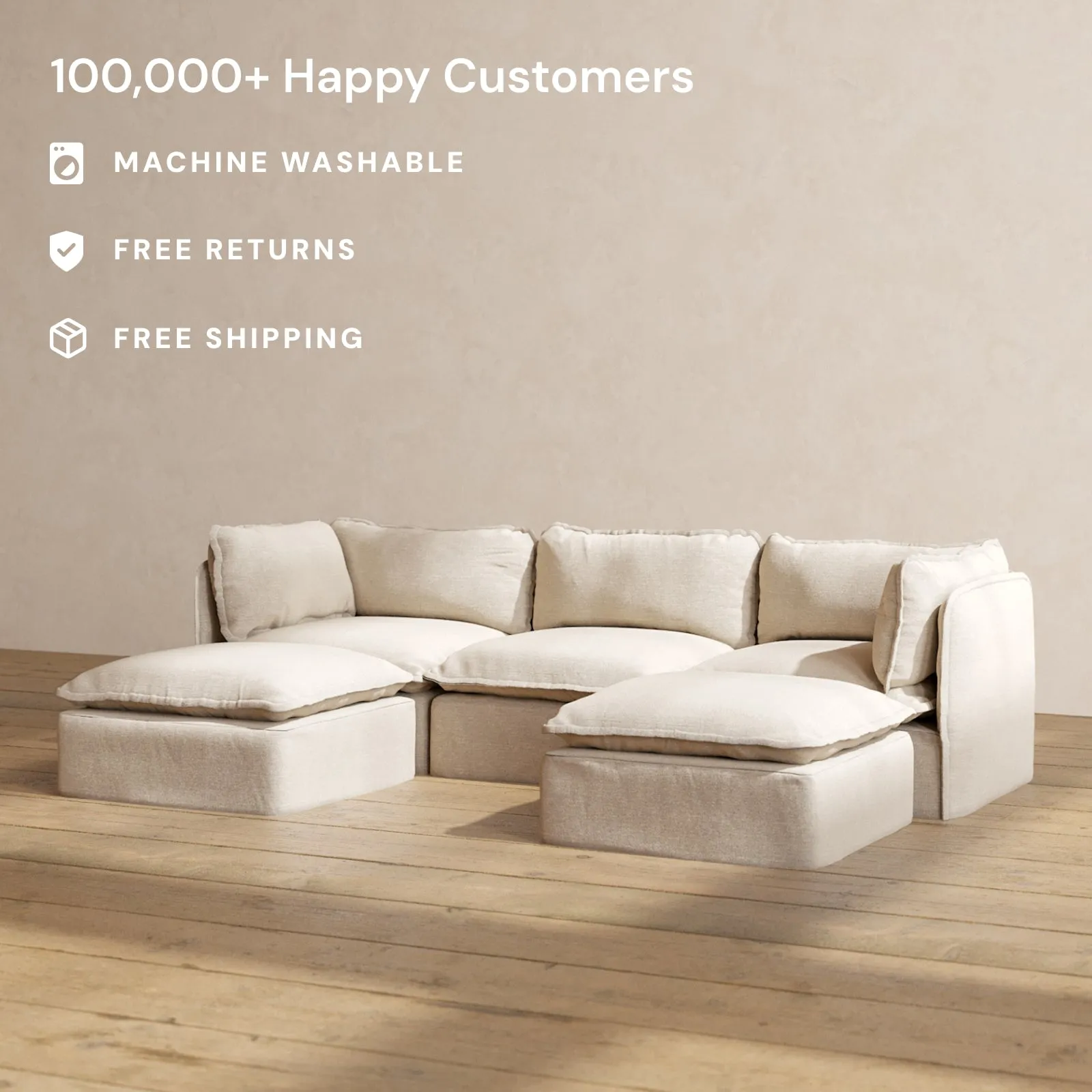 Modular Washable 3-Seater U-Sectional in Oat | Deluxe  Seat | Cloud Pillow