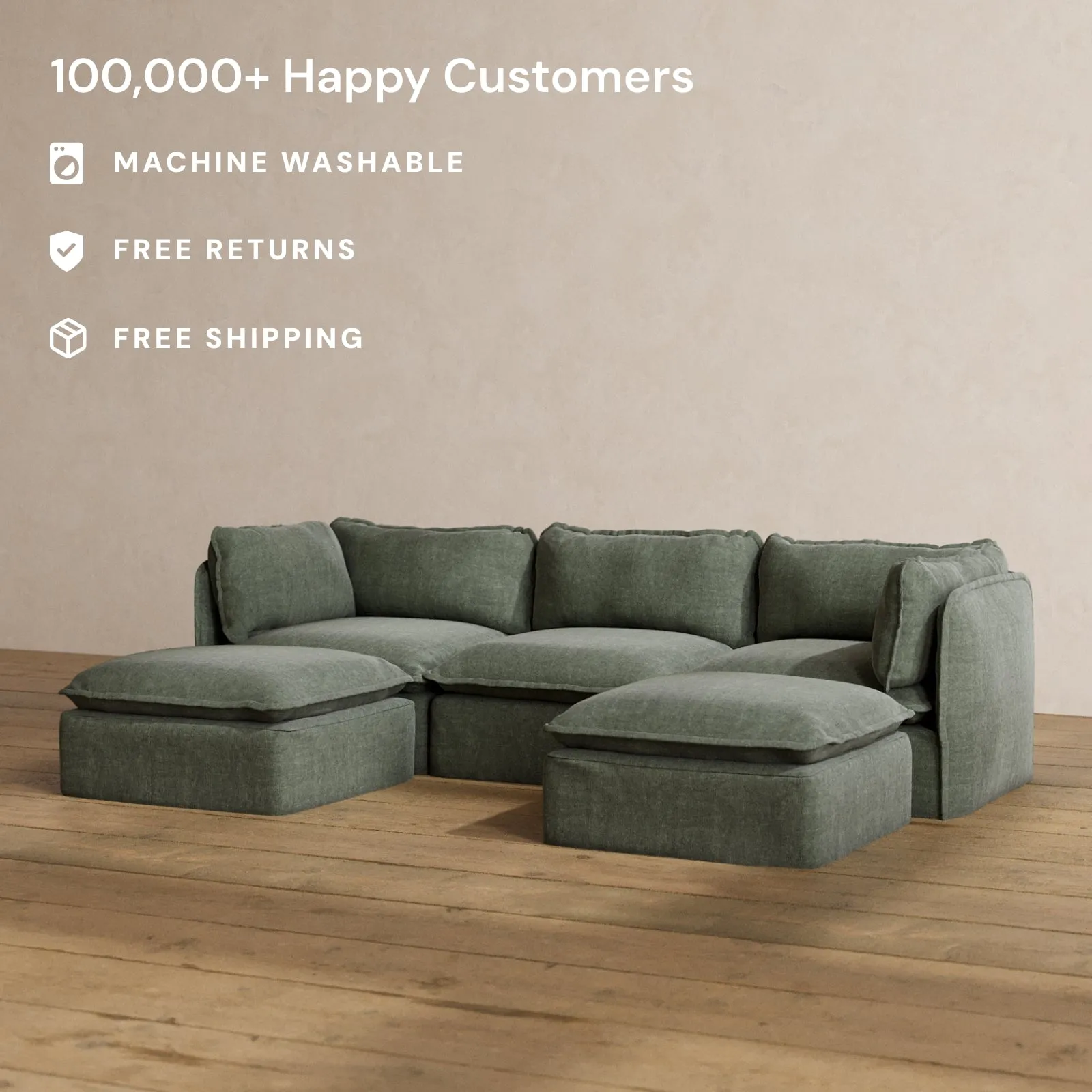 Modular Washable 3-Seater U-Sectional in Willow | Deluxe  Seat | Cloud Pillow