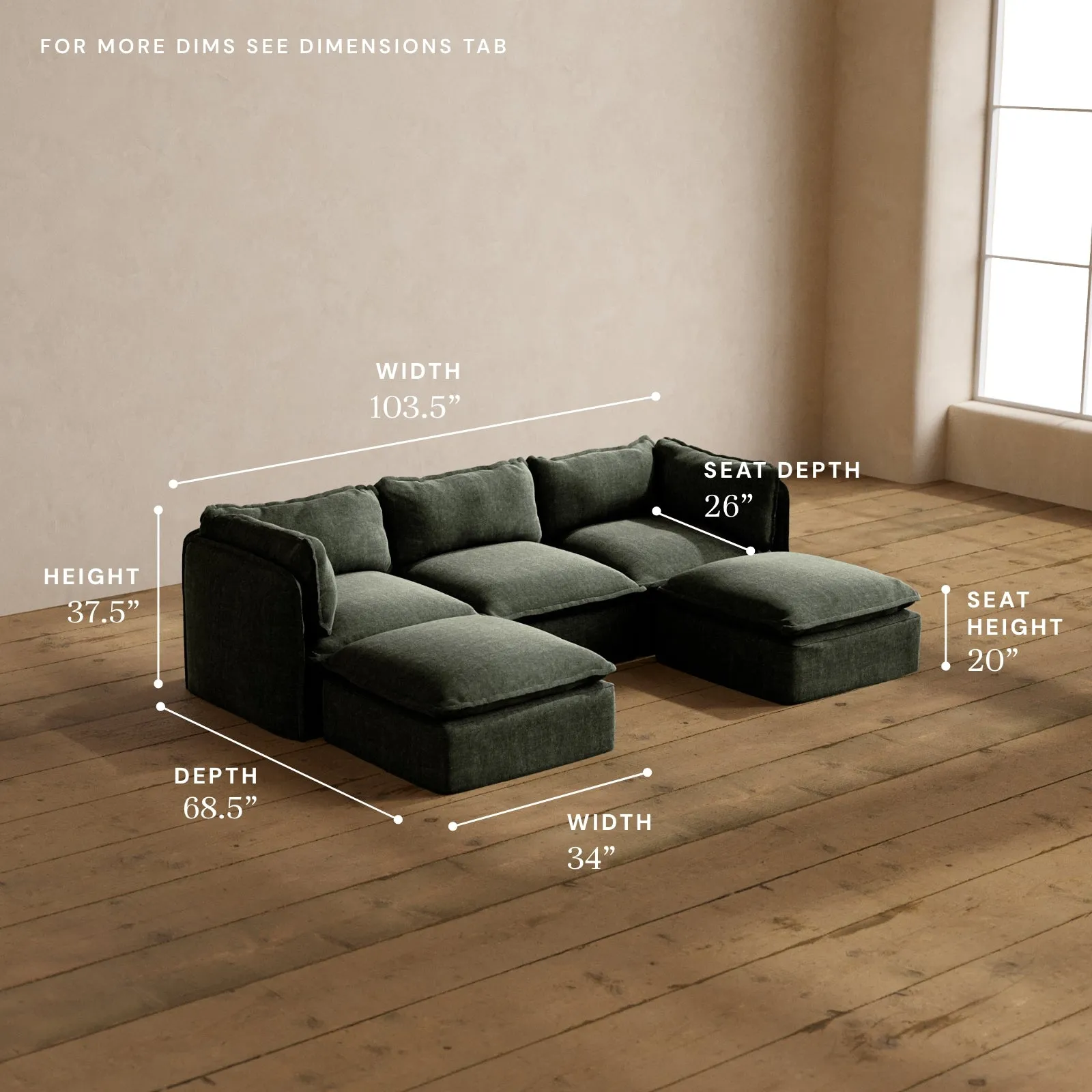 Modular Washable 3-Seater U-Sectional in Willow | Deluxe  Seat | Cloud Pillow