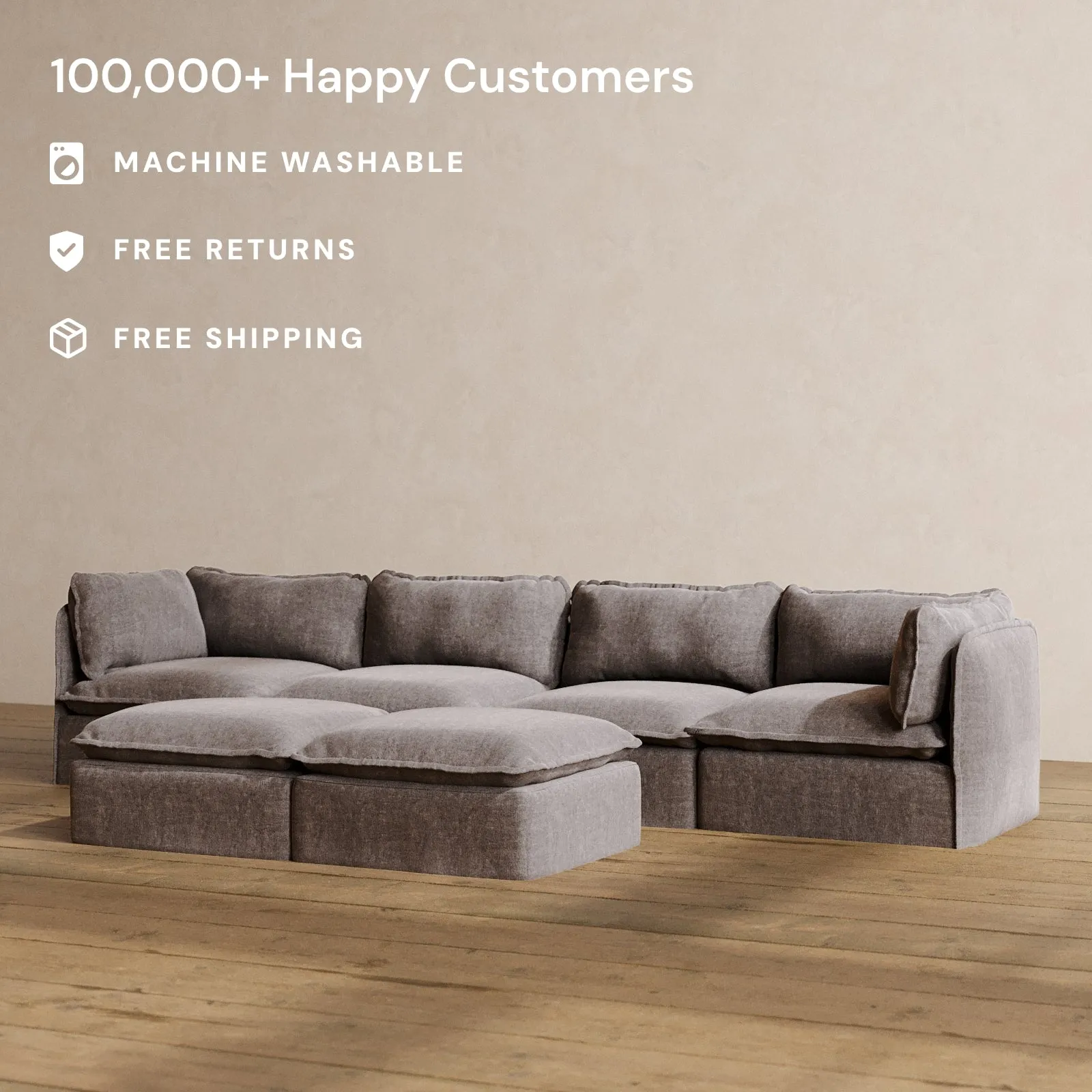 Modular Washable 4-Seater   Bench Ottoman in Caviar | Deluxe  Seat | Cloud Pillow