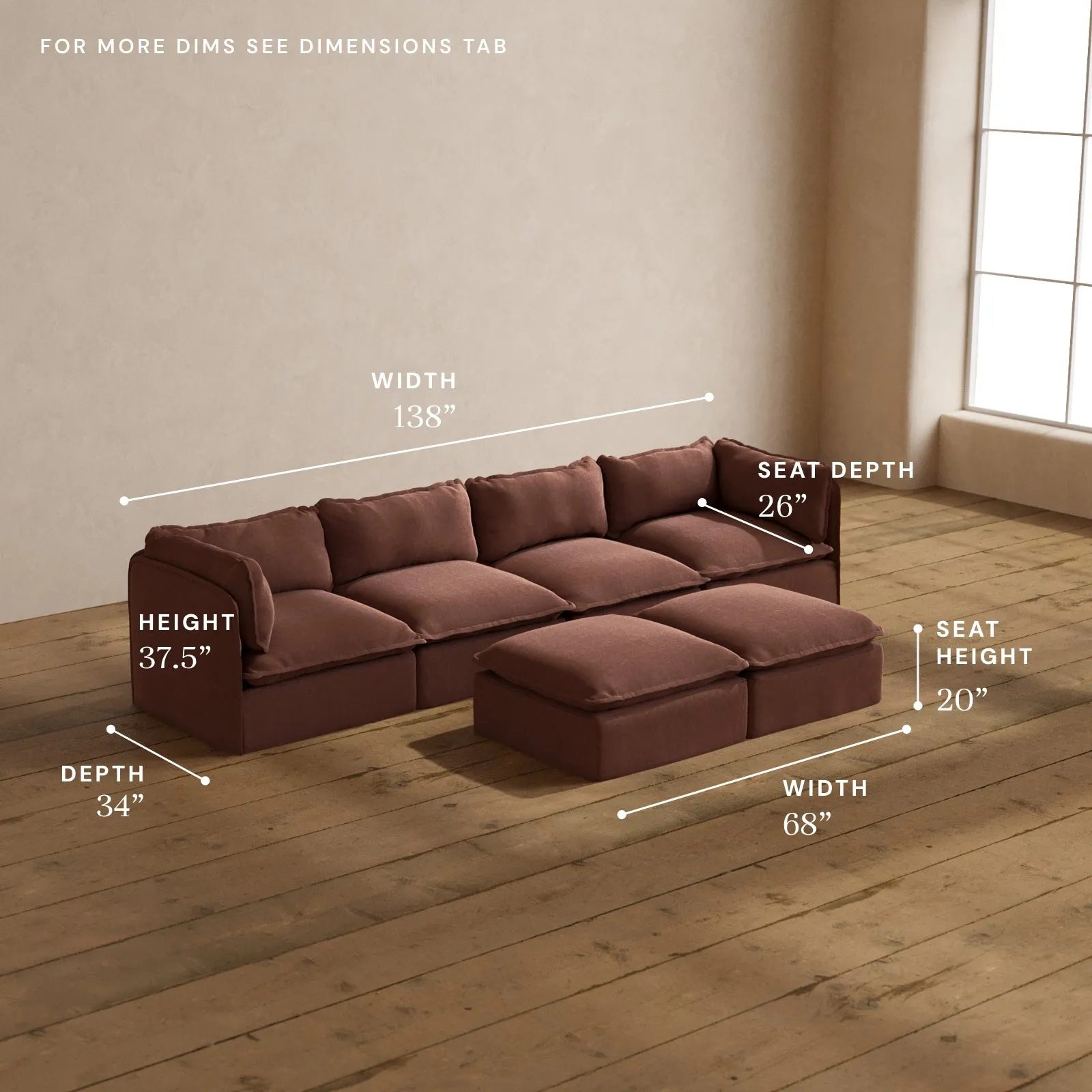 Modular Washable 4-Seater   Bench Ottoman in Chestnut | Deluxe  Seat | Cloud Pillow