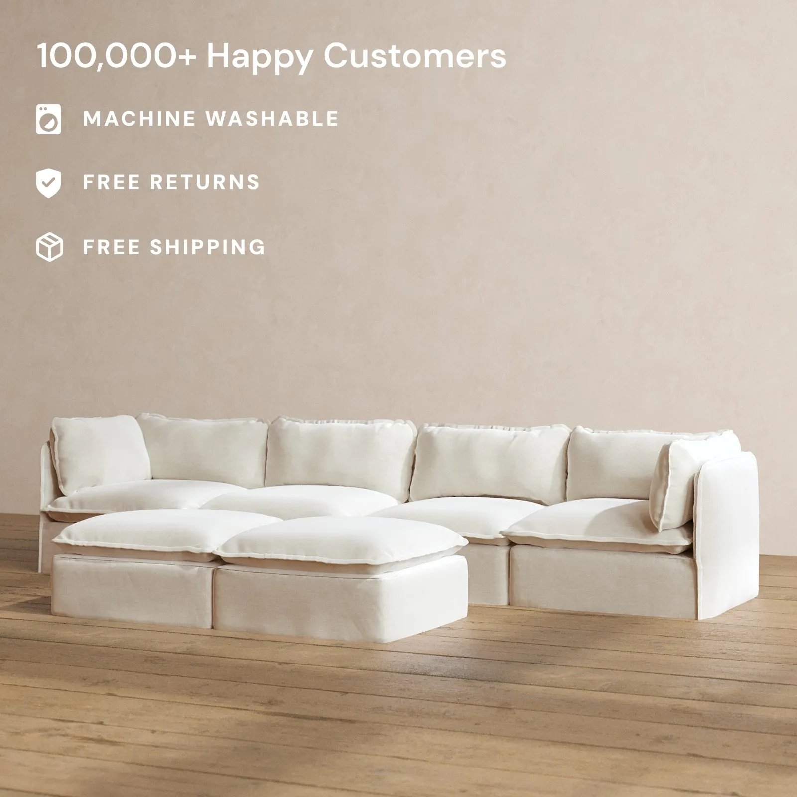Modular Washable 4-Seater   Bench Ottoman in Coco | Deluxe  Seat | Cloud Pillow