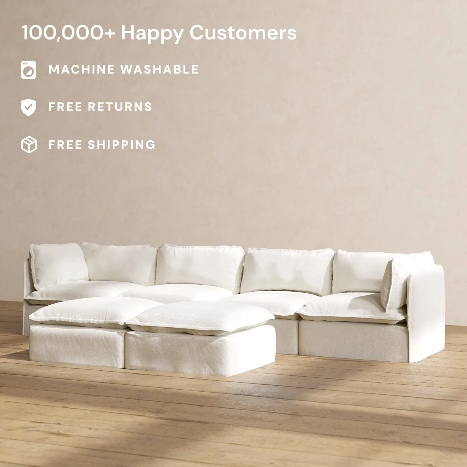 Modular Washable 4-Seater   Bench Ottoman in Eggshell | Deluxe  Seat | Cloud Pillow