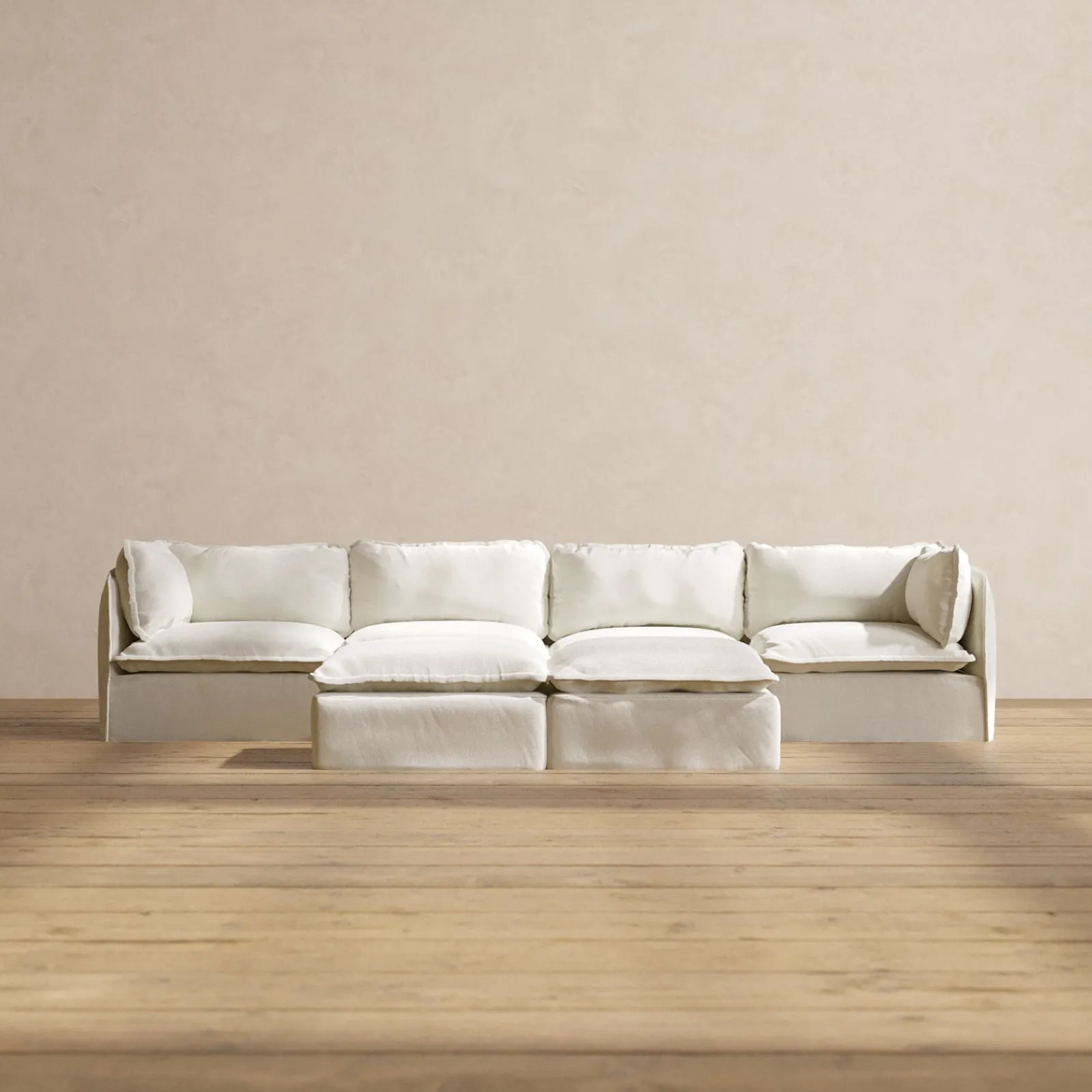 Modular Washable 4-Seater   Bench Ottoman in Eggshell | Deluxe  Seat | Cloud Pillow