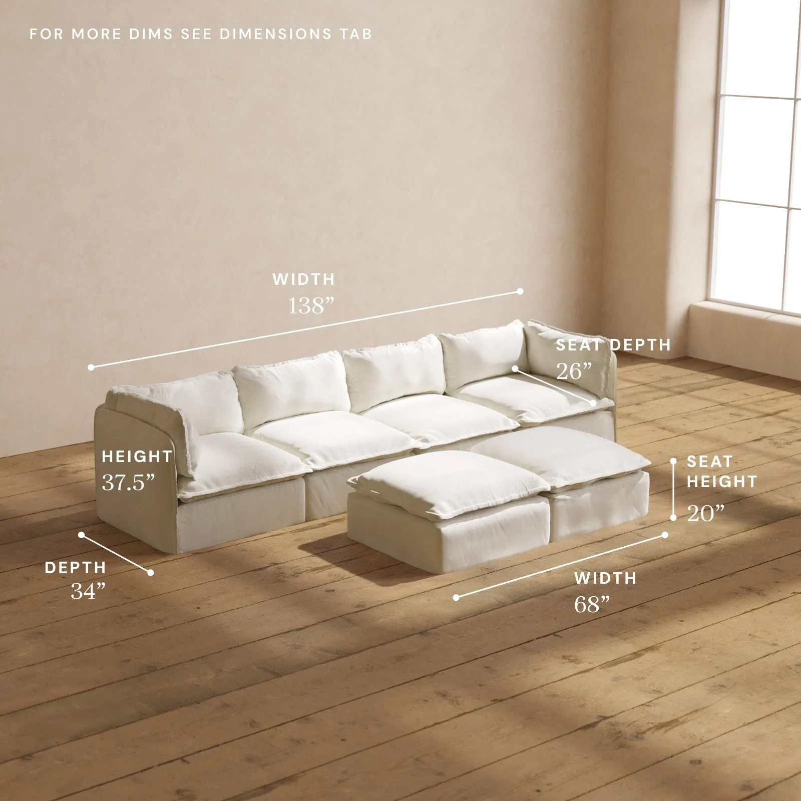 Modular Washable 4-Seater   Bench Ottoman in Eggshell | Deluxe  Seat | Cloud Pillow