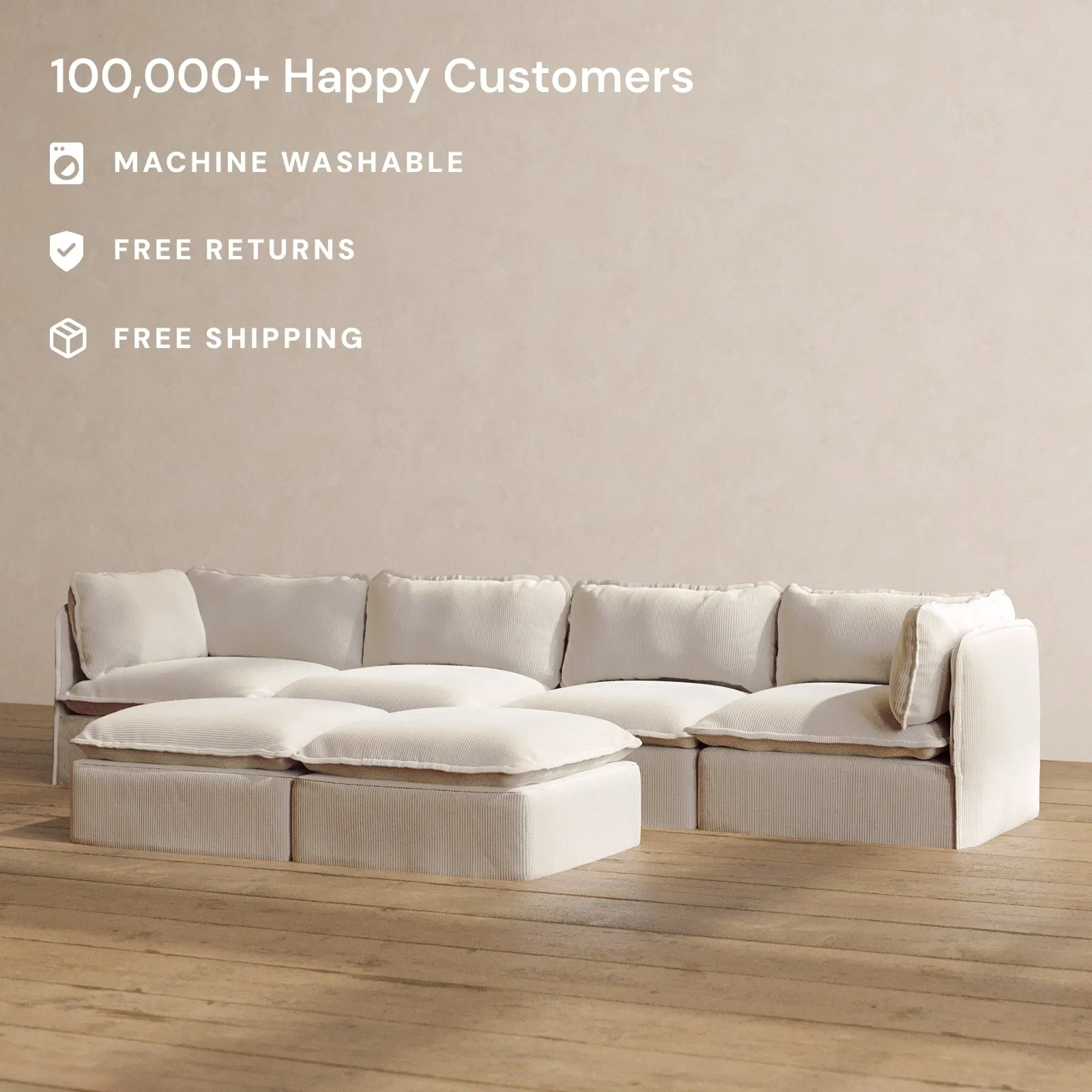 Modular Washable 4-Seater   Bench Ottoman in Milk | Deluxe  Seat | Cloud Pillow