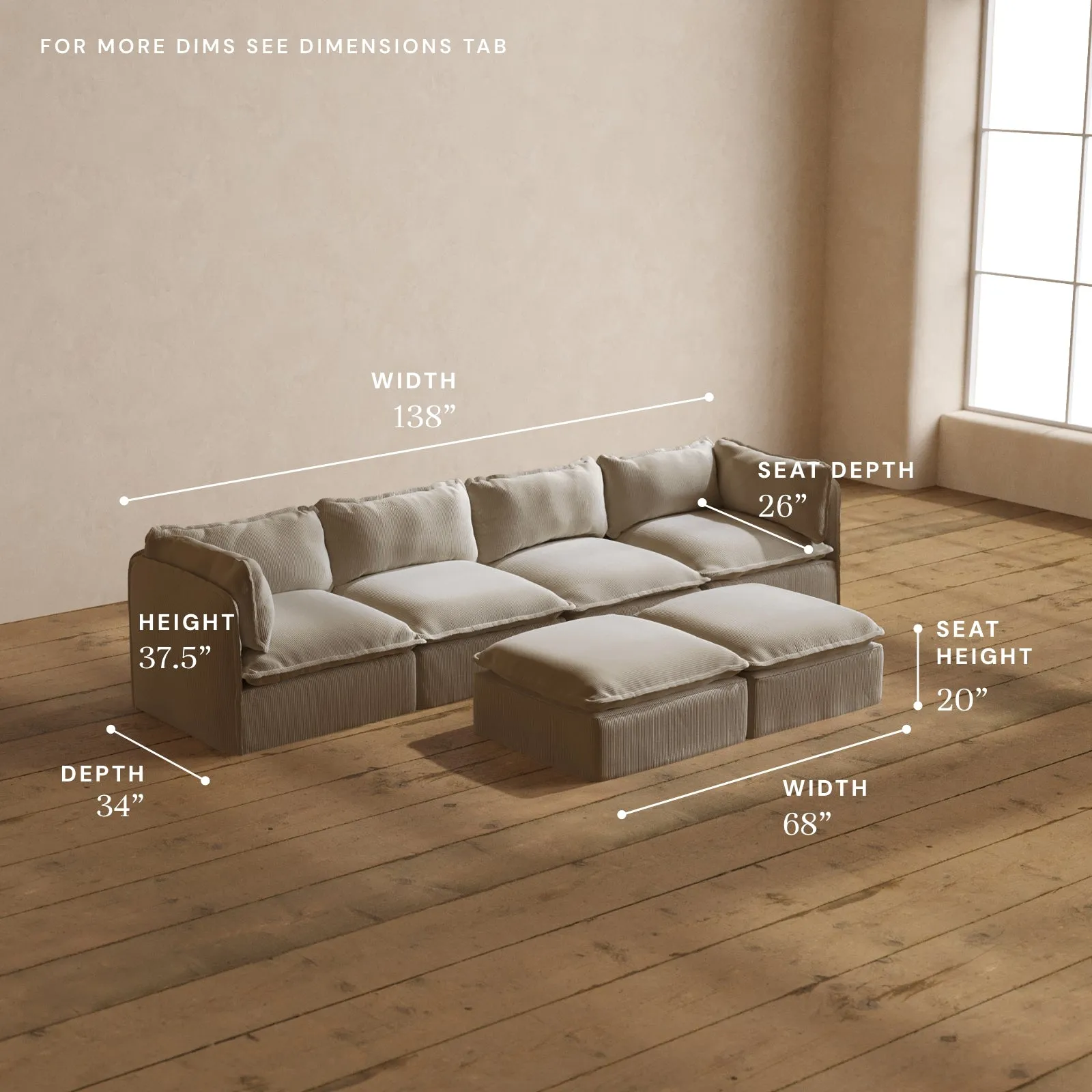 Modular Washable 4-Seater   Bench Ottoman in Milk | Deluxe  Seat | Cloud Pillow