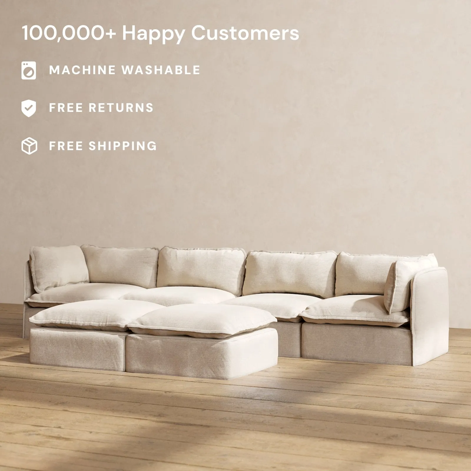 Modular Washable 4-Seater   Bench Ottoman in Oat | Deluxe  Seat | Cloud Pillow