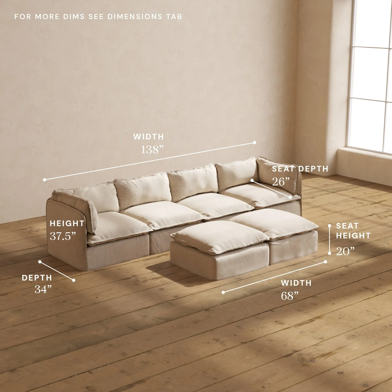 Modular Washable 4-Seater   Bench Ottoman in Oat | Deluxe  Seat | Cloud Pillow