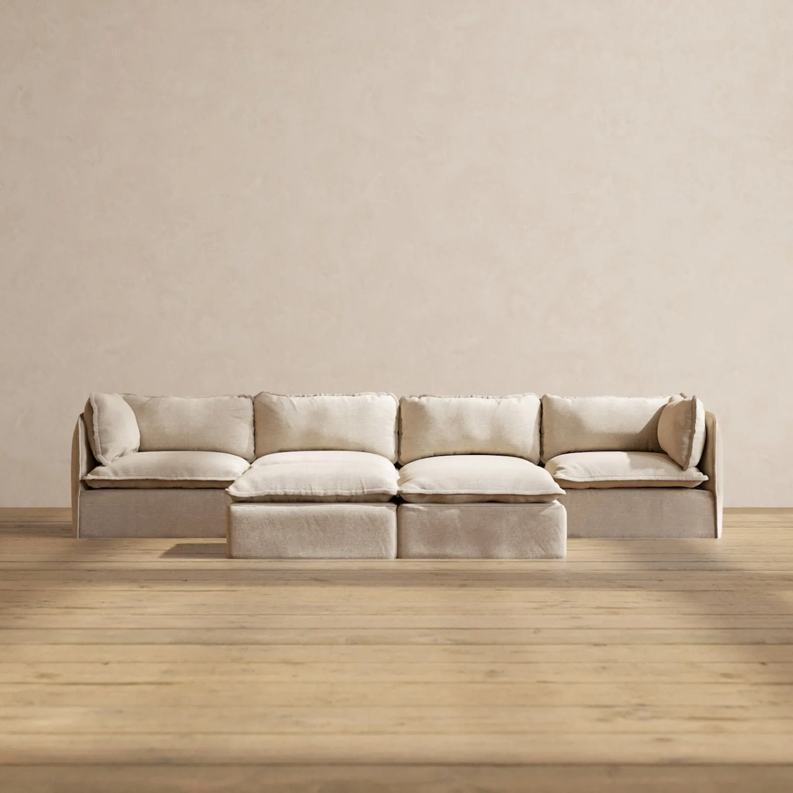 Modular Washable 4-Seater   Bench Ottoman in Oat | Deluxe  Seat | Cloud Pillow