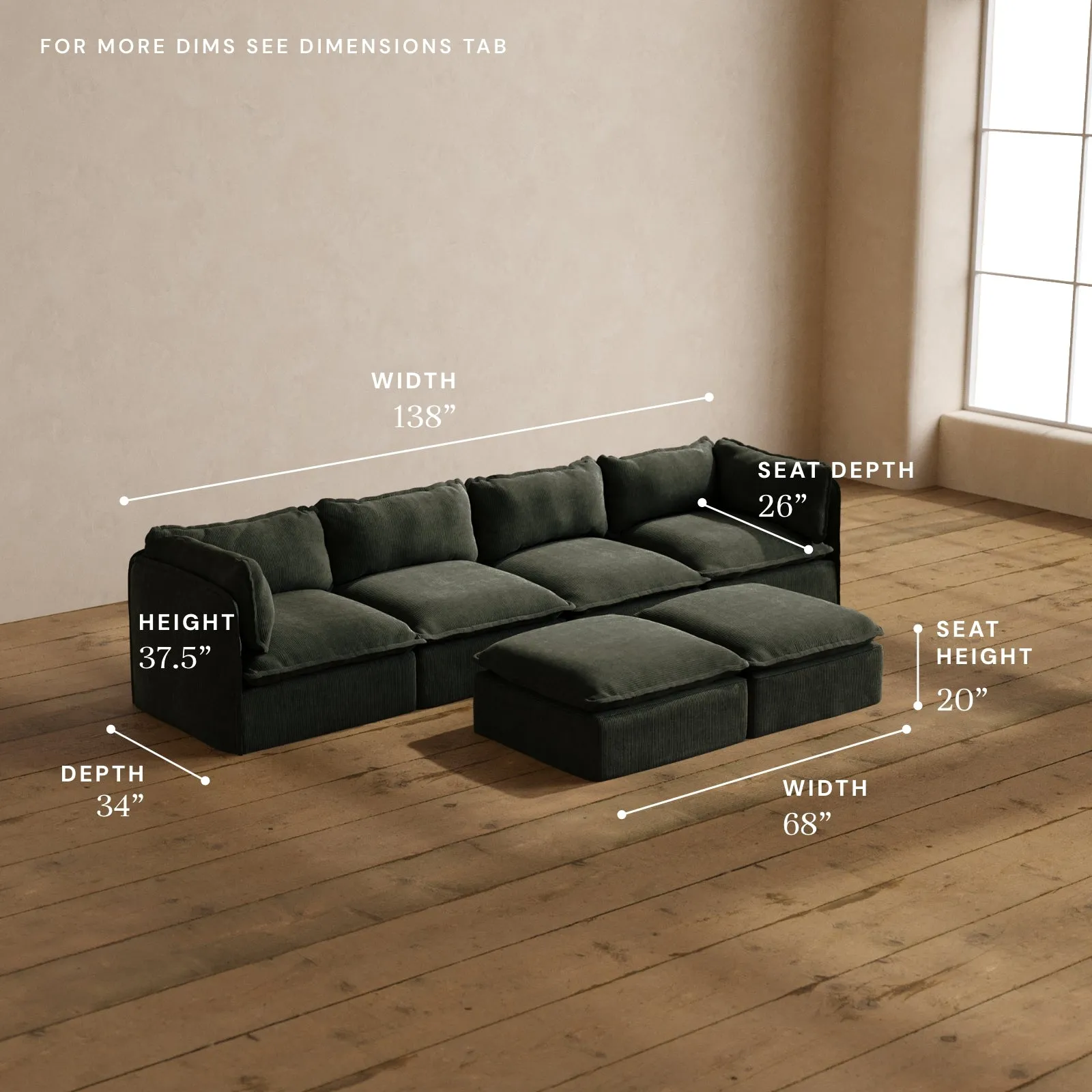 Modular Washable 4-Seater   Bench Ottoman in Olivine | Deluxe  Seat | Cloud Pillow