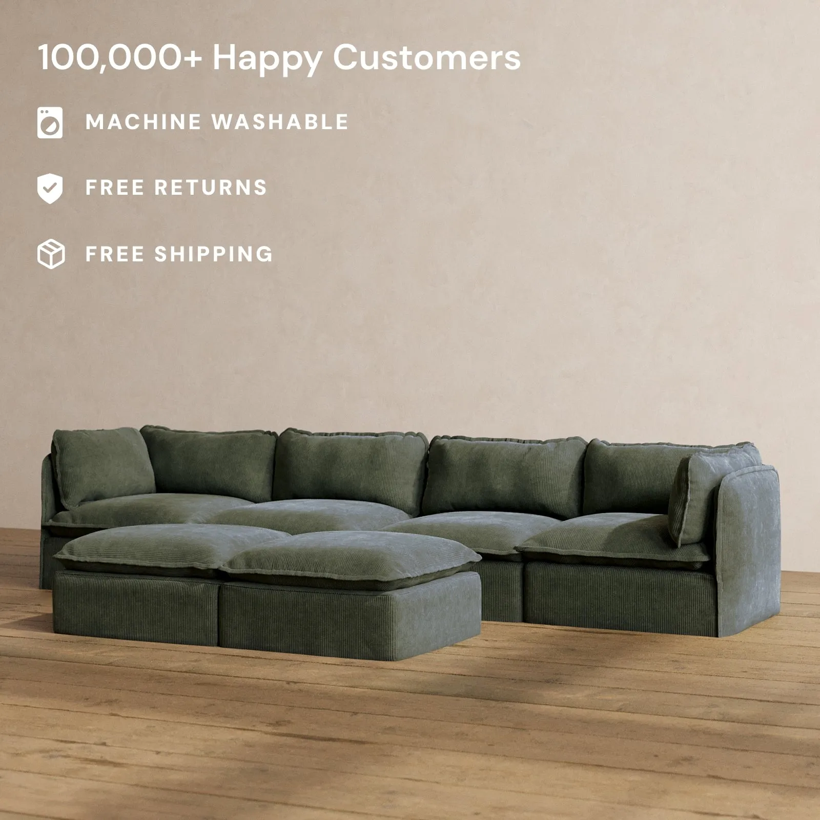 Modular Washable 4-Seater   Bench Ottoman in Olivine | Deluxe  Seat | Cloud Pillow