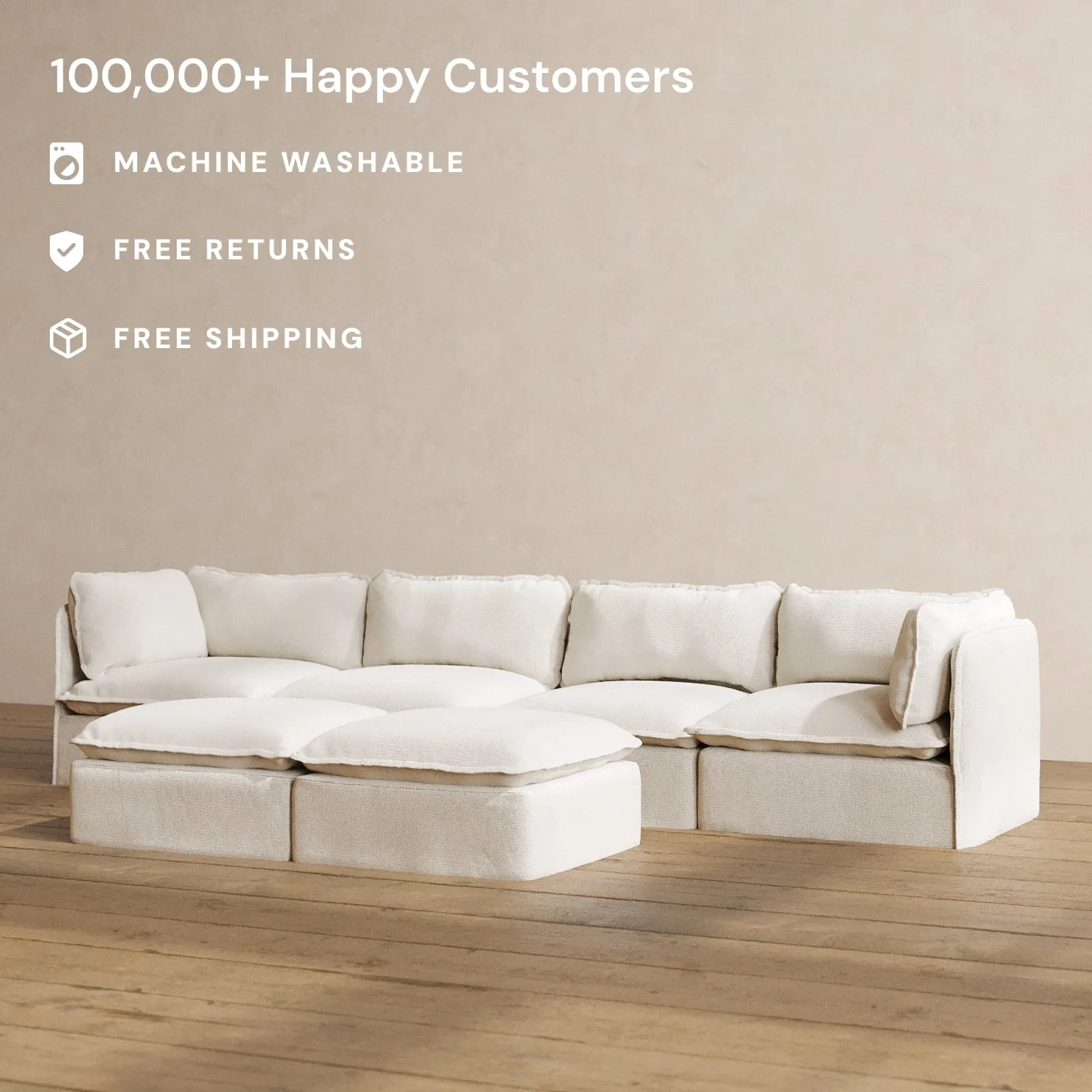 Modular Washable 4-Seater   Bench Ottoman in Powder | Deluxe  Seat | Cloud Pillow