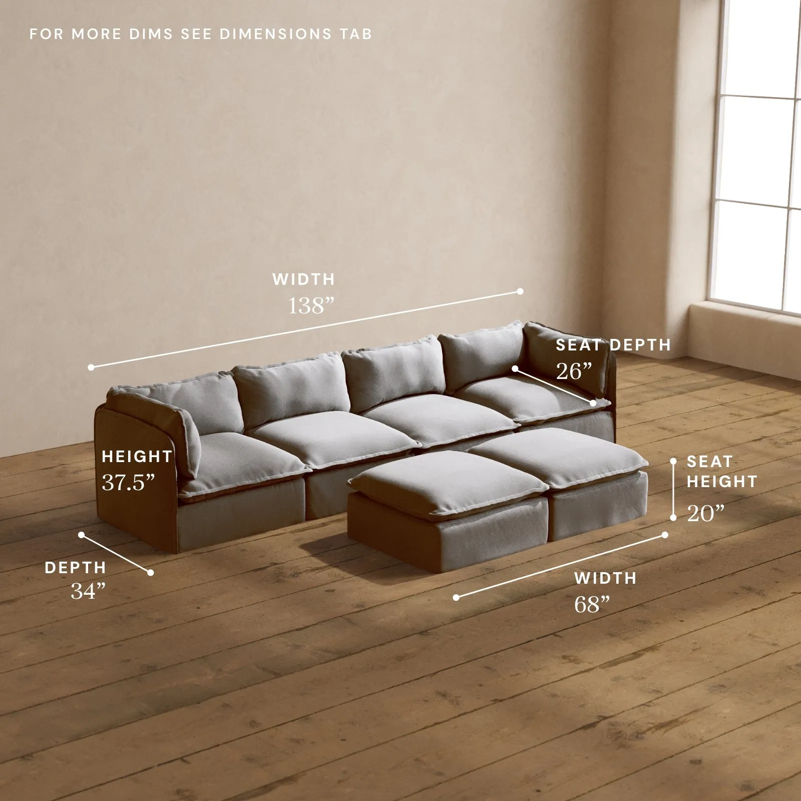 Modular Washable 4-Seater   Bench Ottoman in Pumice | Deluxe  Seat | Cloud Pillow