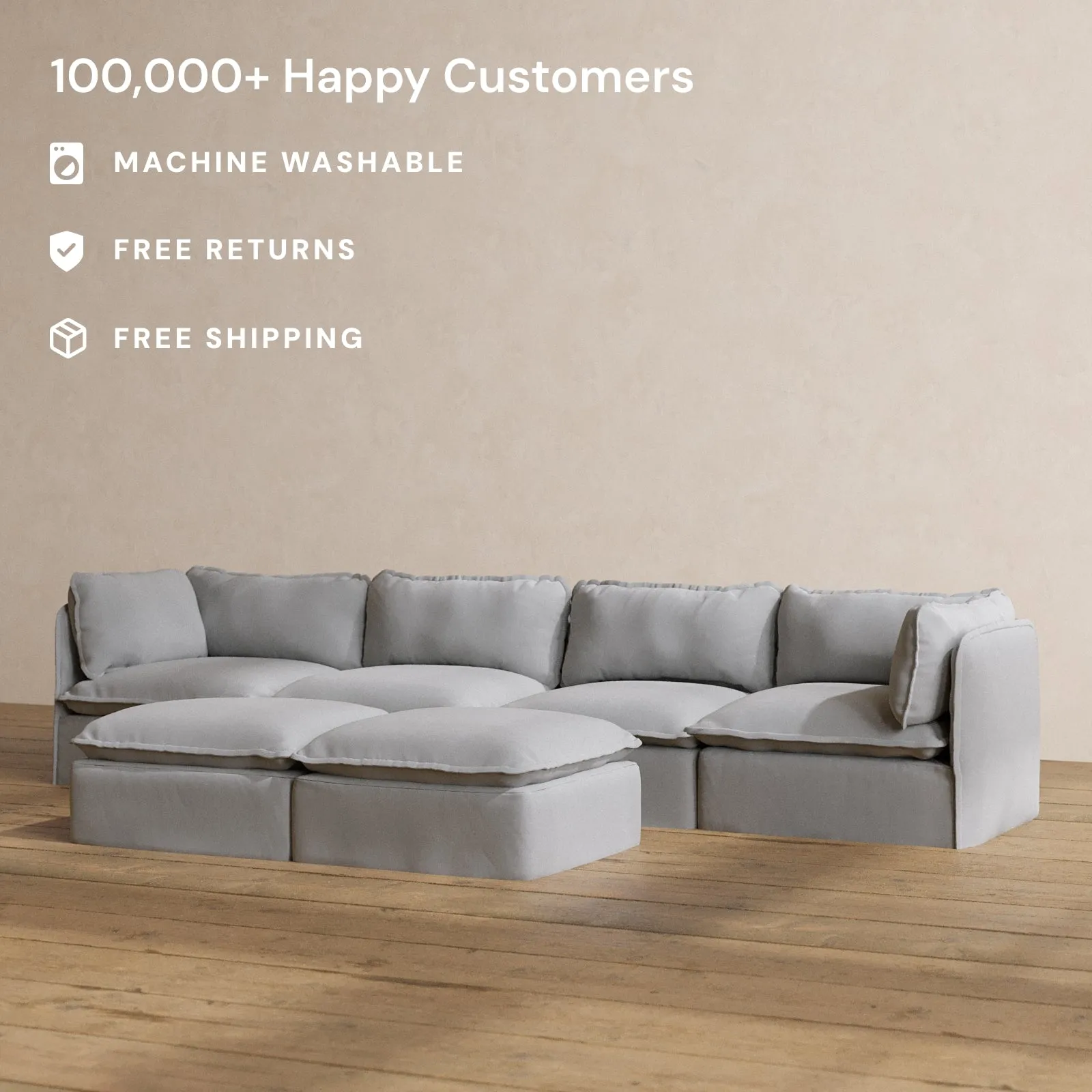 Modular Washable 4-Seater   Bench Ottoman in Pumice | Deluxe  Seat | Cloud Pillow