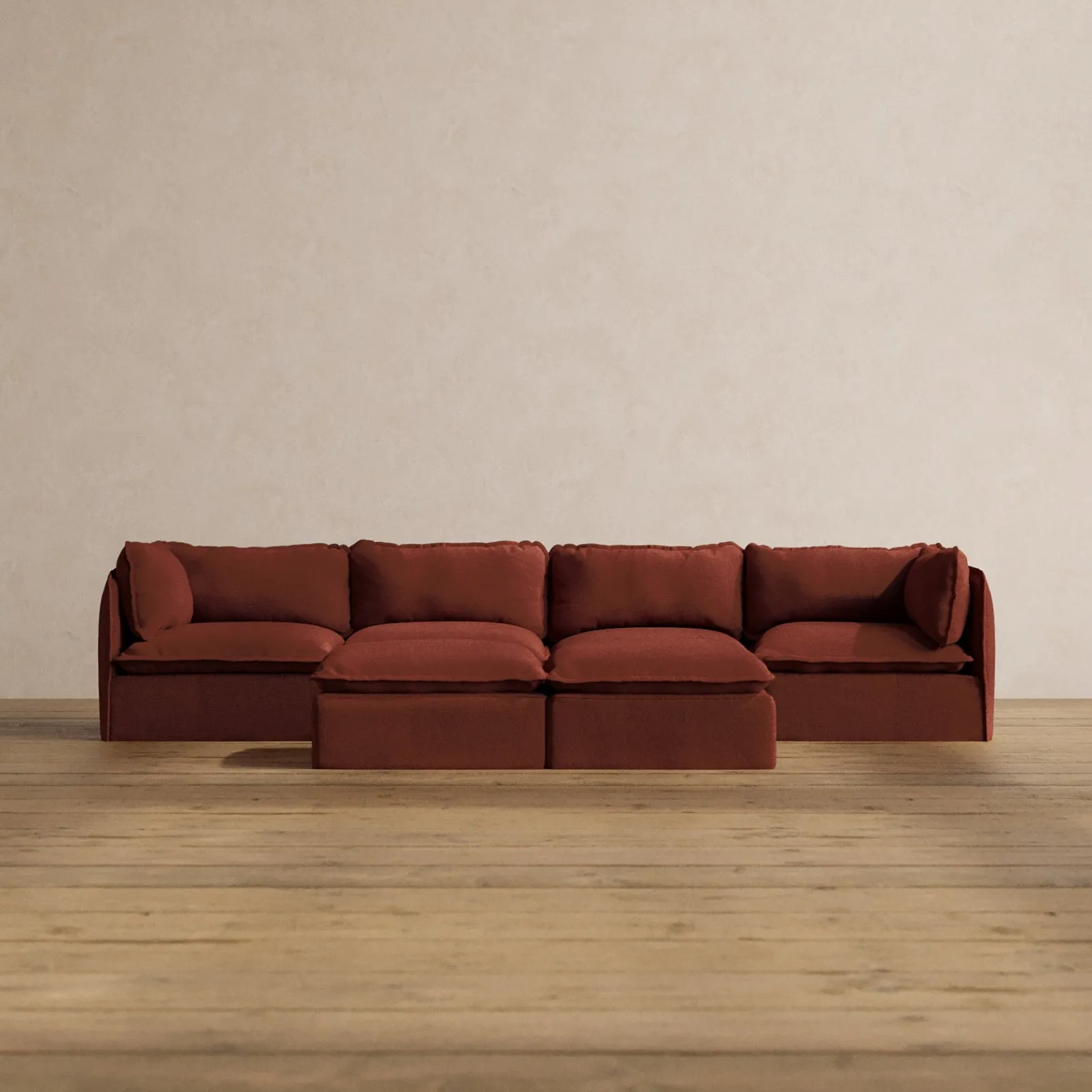 Modular Washable 4-Seater   Bench Ottoman in Rust | Deluxe  Seat | Cloud Pillow