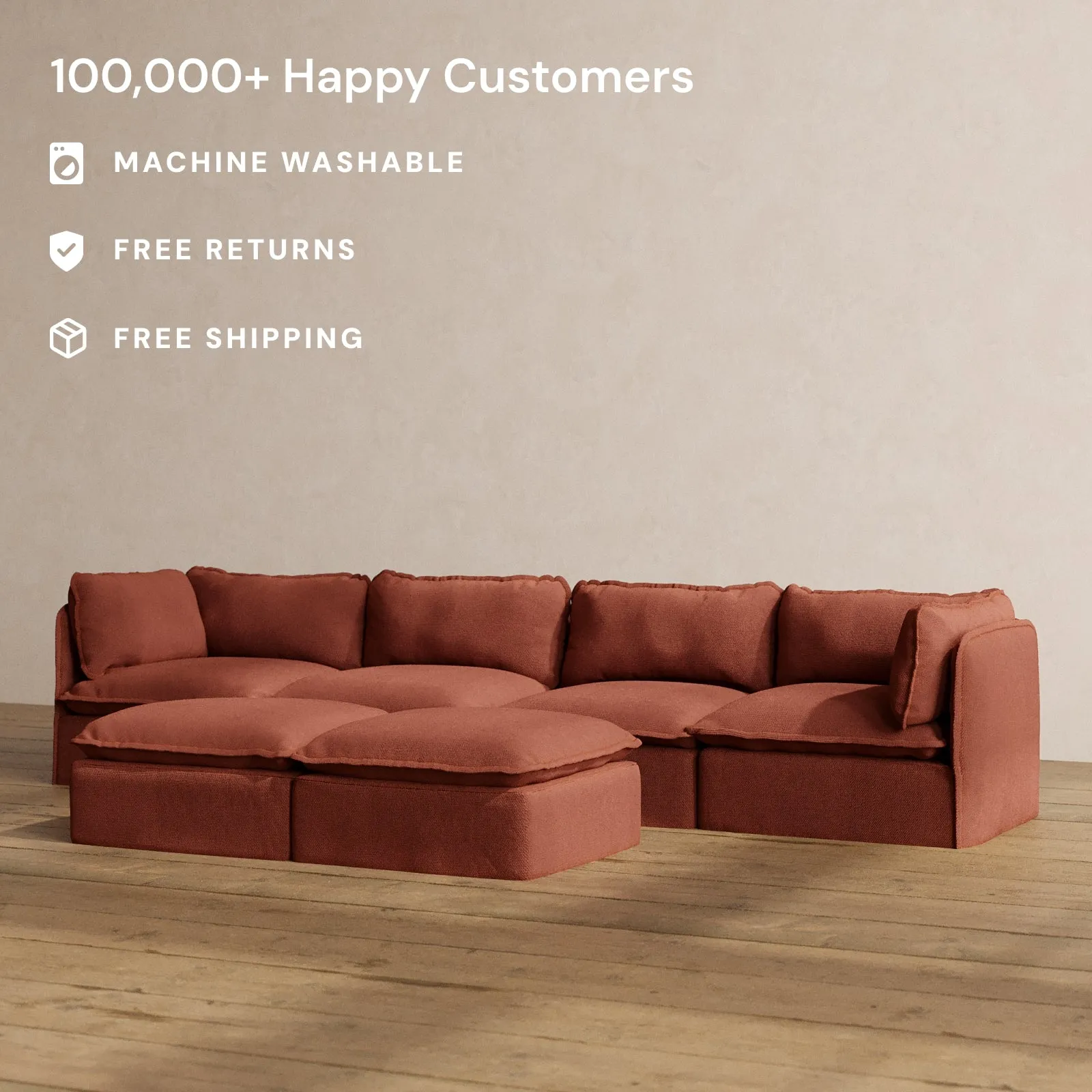 Modular Washable 4-Seater   Bench Ottoman in Rust | Deluxe  Seat | Cloud Pillow
