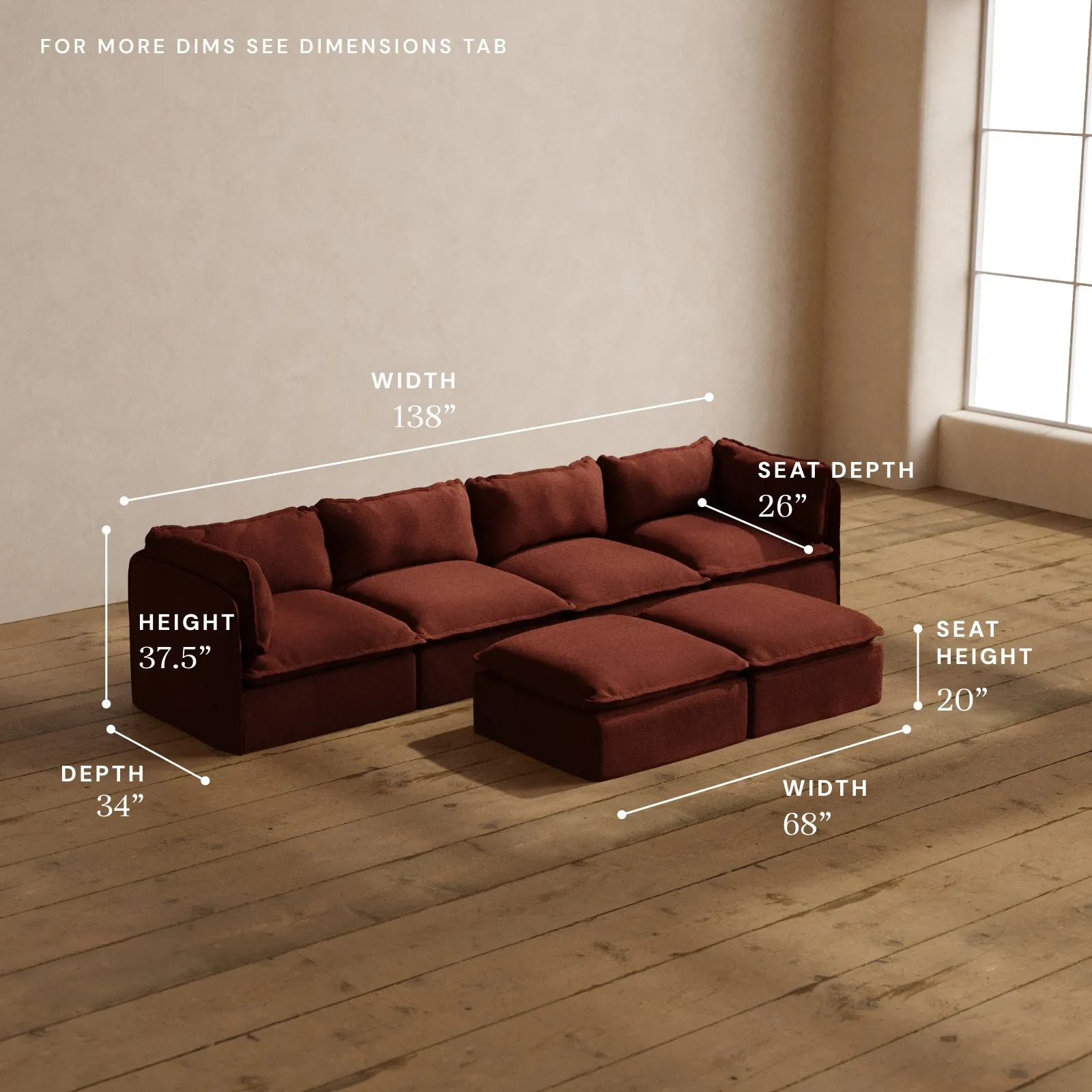 Modular Washable 4-Seater   Bench Ottoman in Rust | Deluxe  Seat | Cloud Pillow