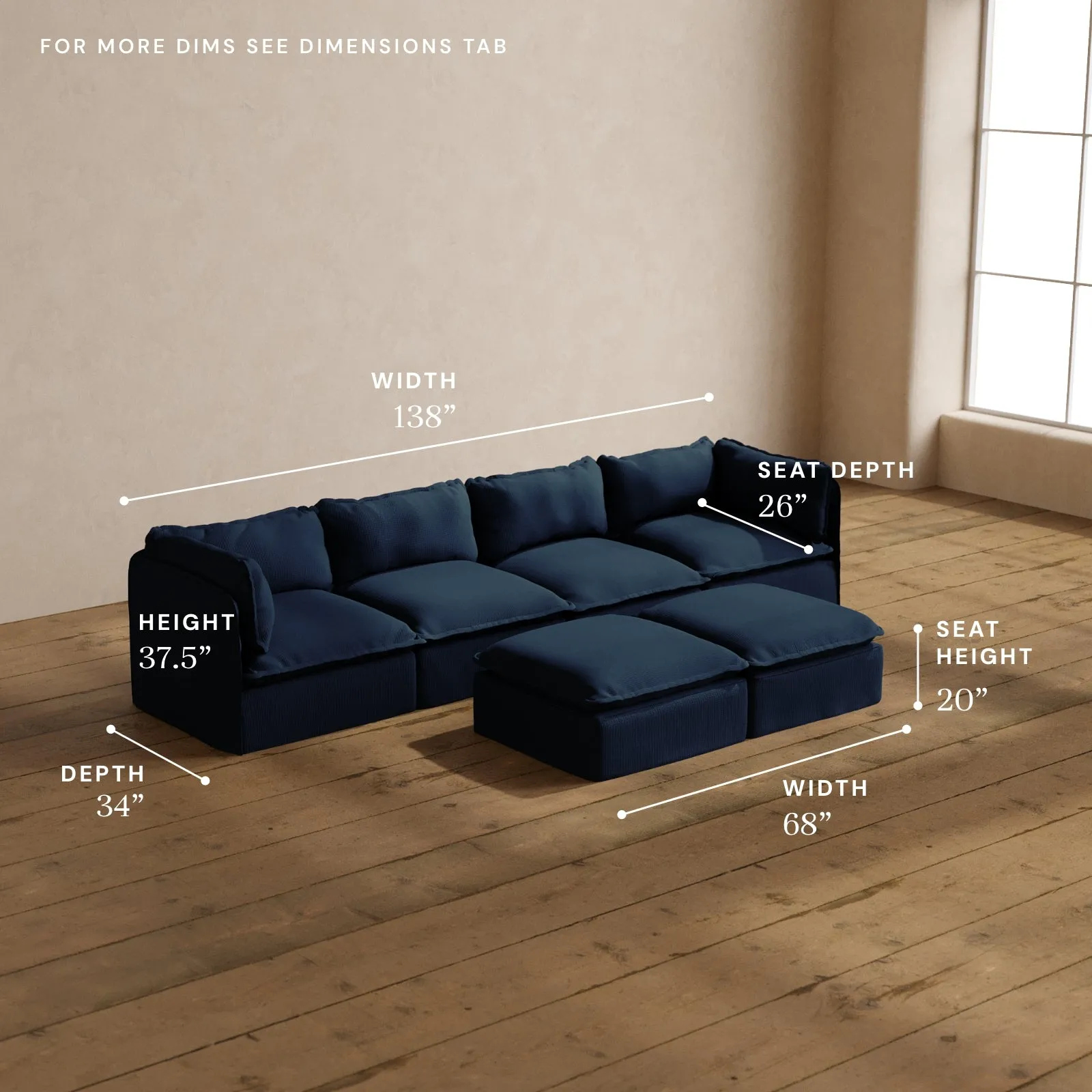 Modular Washable 4-Seater   Bench Ottoman in Sumi | Deluxe  Seat | Cloud Pillow