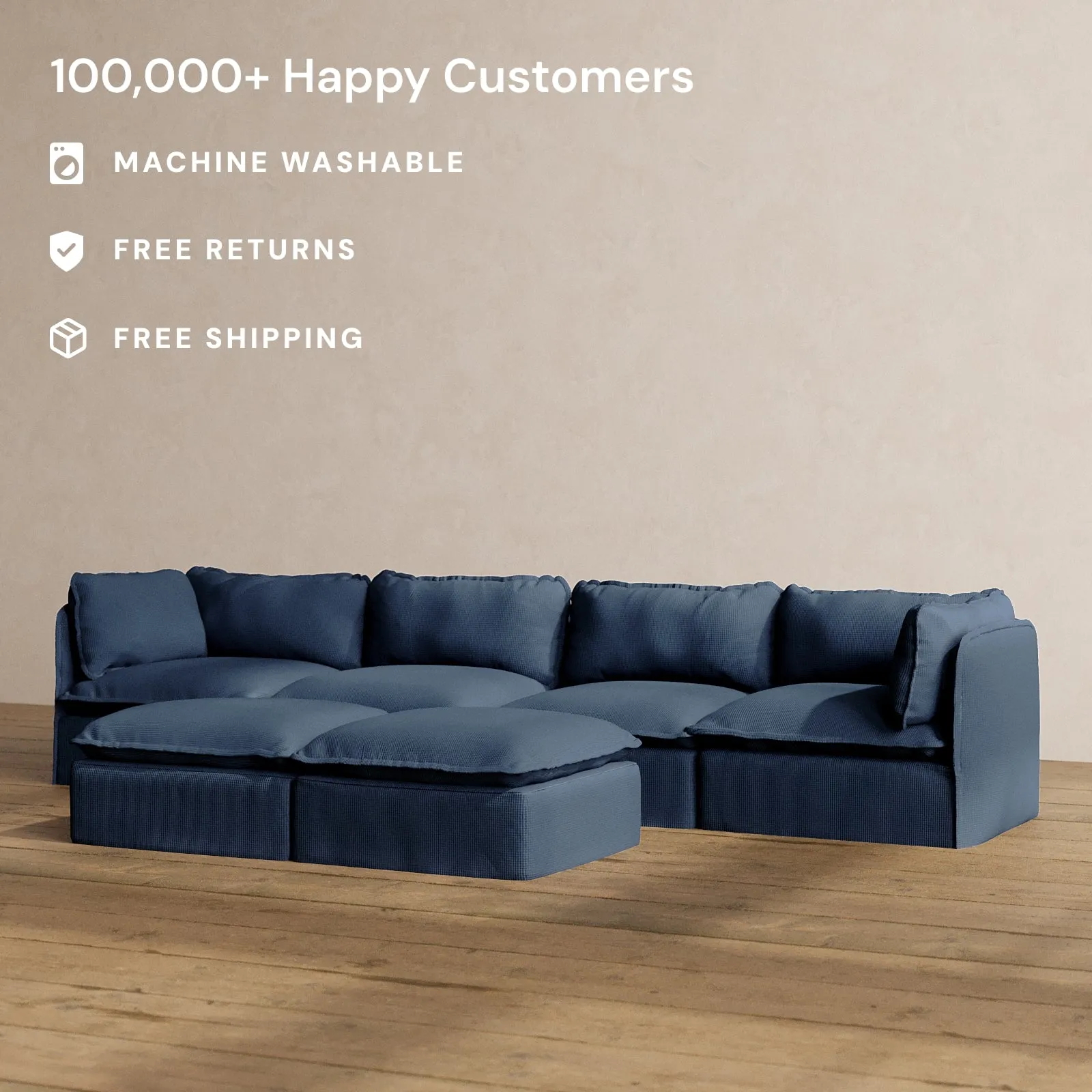 Modular Washable 4-Seater   Bench Ottoman in Sumi | Deluxe  Seat | Cloud Pillow
