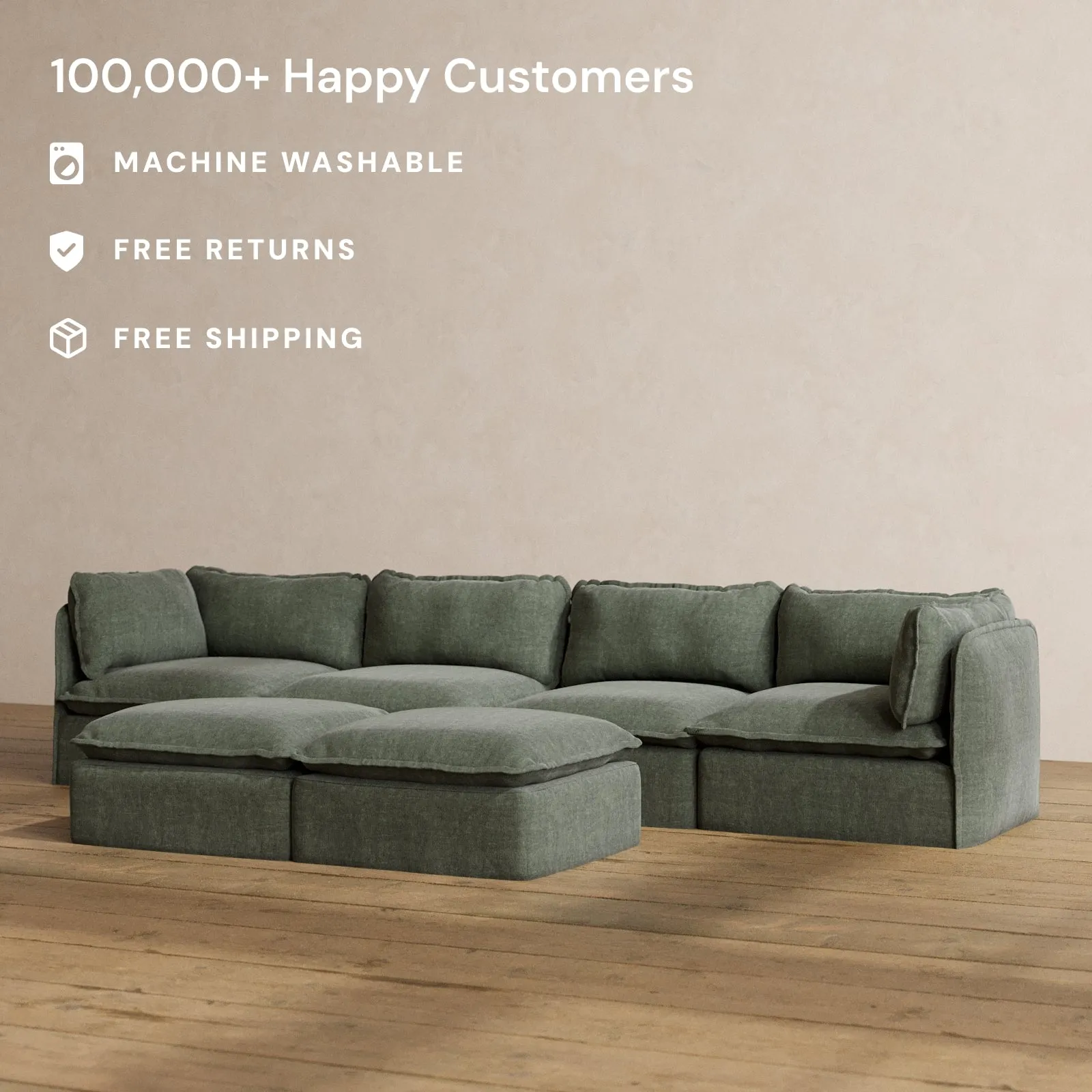 Modular Washable 4-Seater   Bench Ottoman in Willow | Deluxe  Seat | Cloud Pillow