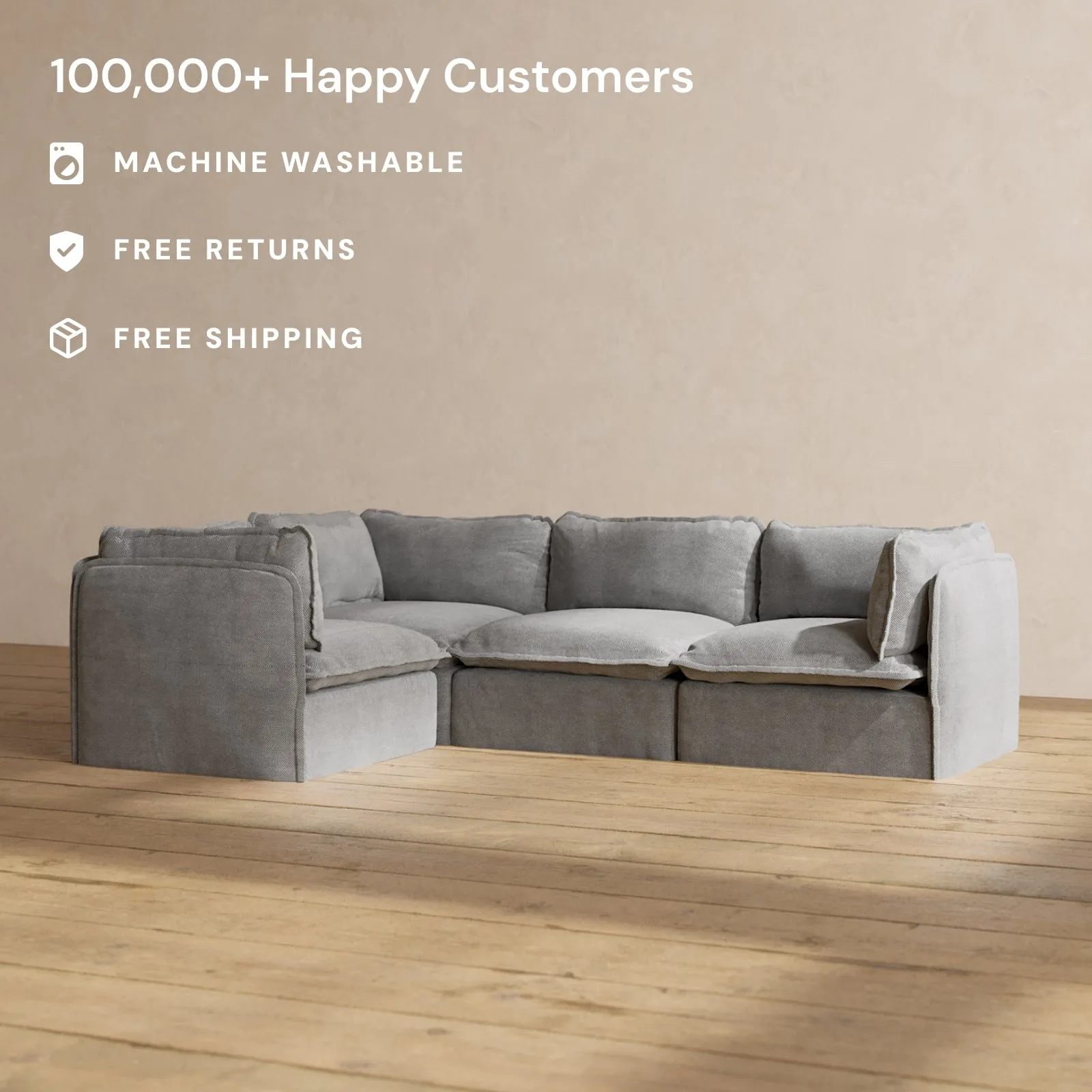 Modular Washable 4-Seater Corner Sectional in Ash | Deluxe  Seat | Cloud Pillow