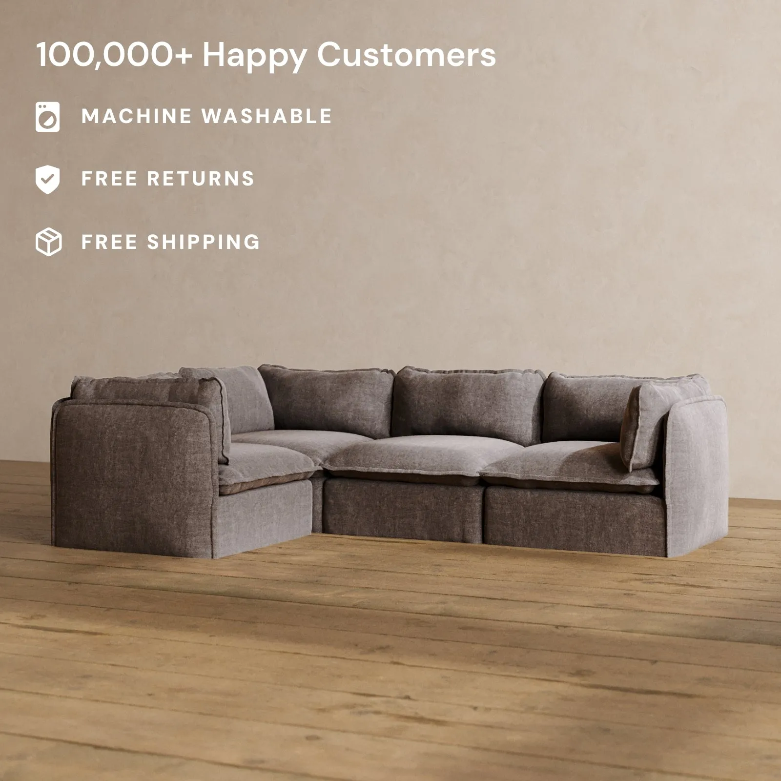 Modular Washable 4-Seater Corner Sectional in Caviar | Deluxe  Seat | Cloud Pillow
