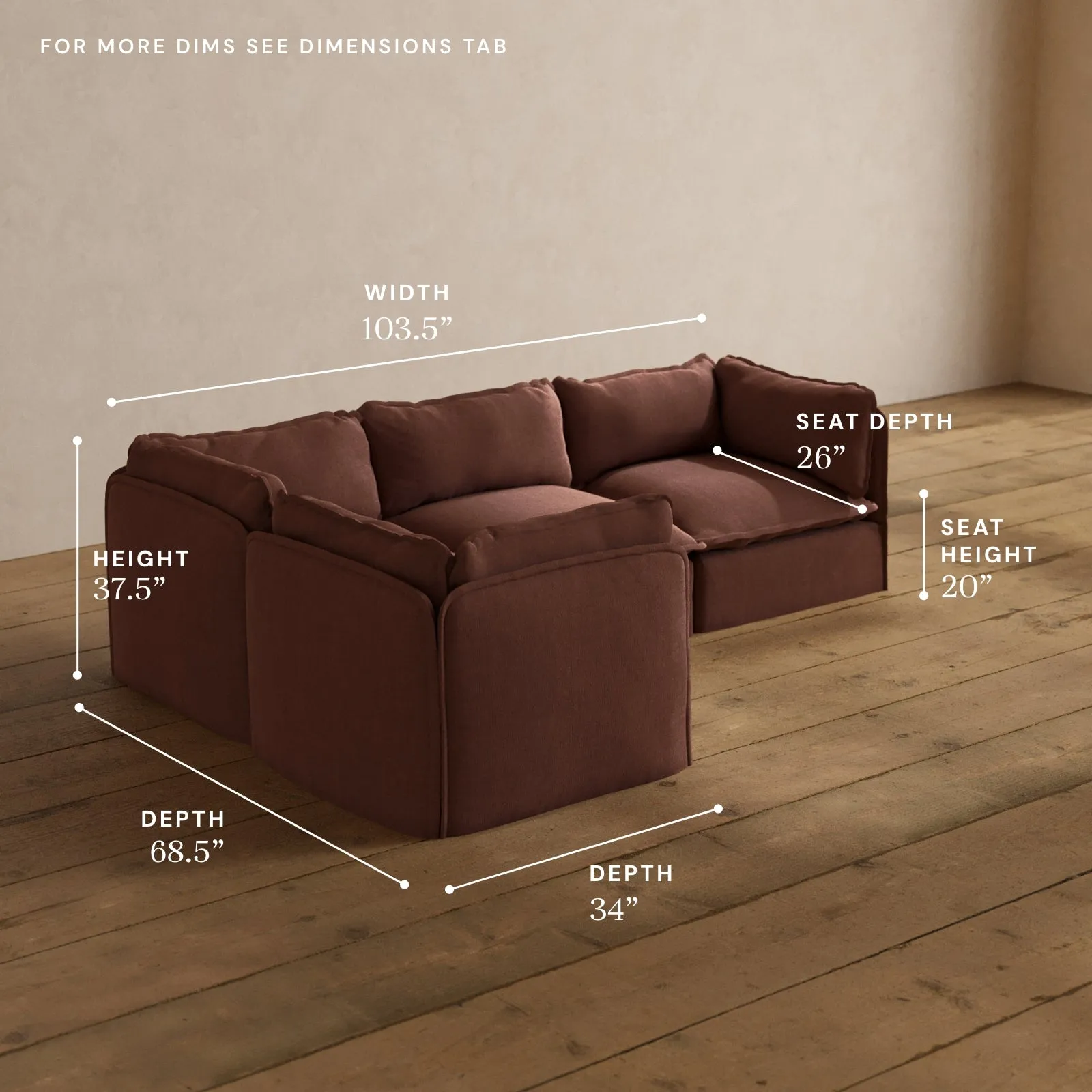 Modular Washable 4-Seater Corner Sectional in Chestnut | Deluxe  Seat | Cloud Pillow