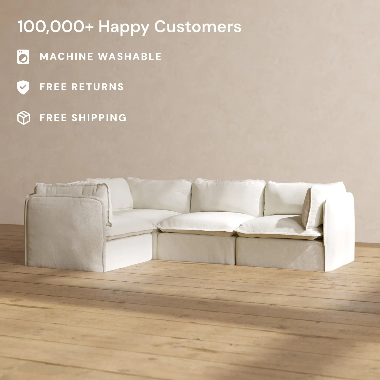 Modular Washable 4-Seater Corner Sectional in Eggshell | Deluxe  Seat | Cloud Pillow