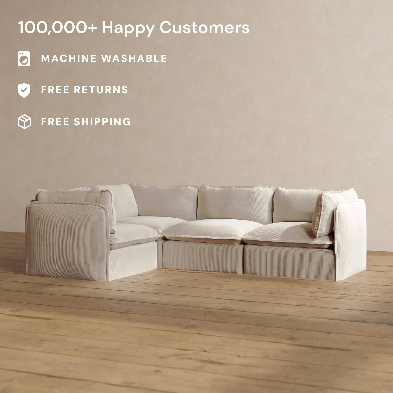 Modular Washable 4-Seater Corner Sectional in Milk | Deluxe  Seat | Cloud Pillow