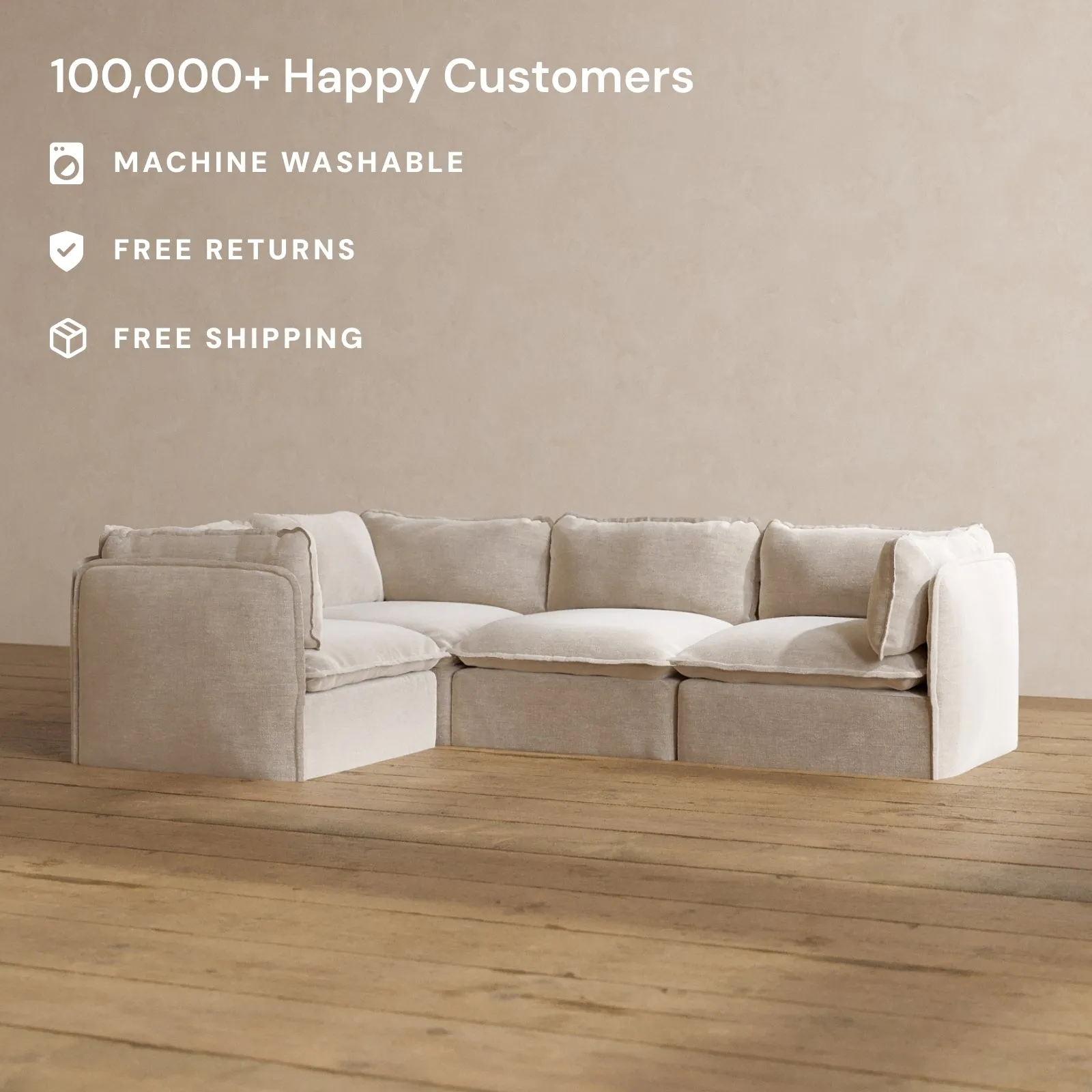 Modular Washable 4-Seater Corner Sectional in Mist | Deluxe  Seat | Cloud Pillow
