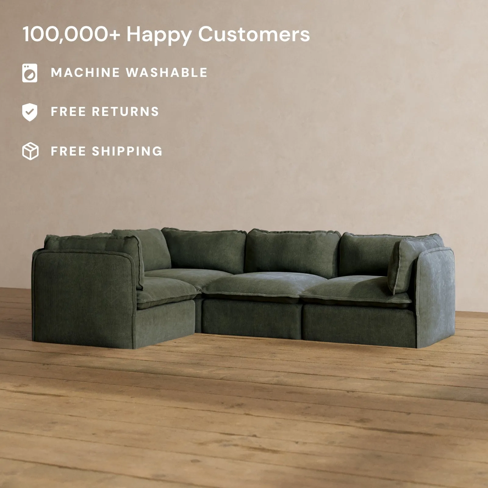 Modular Washable 4-Seater Corner Sectional in Olivine | Deluxe  Seat | Cloud Pillow