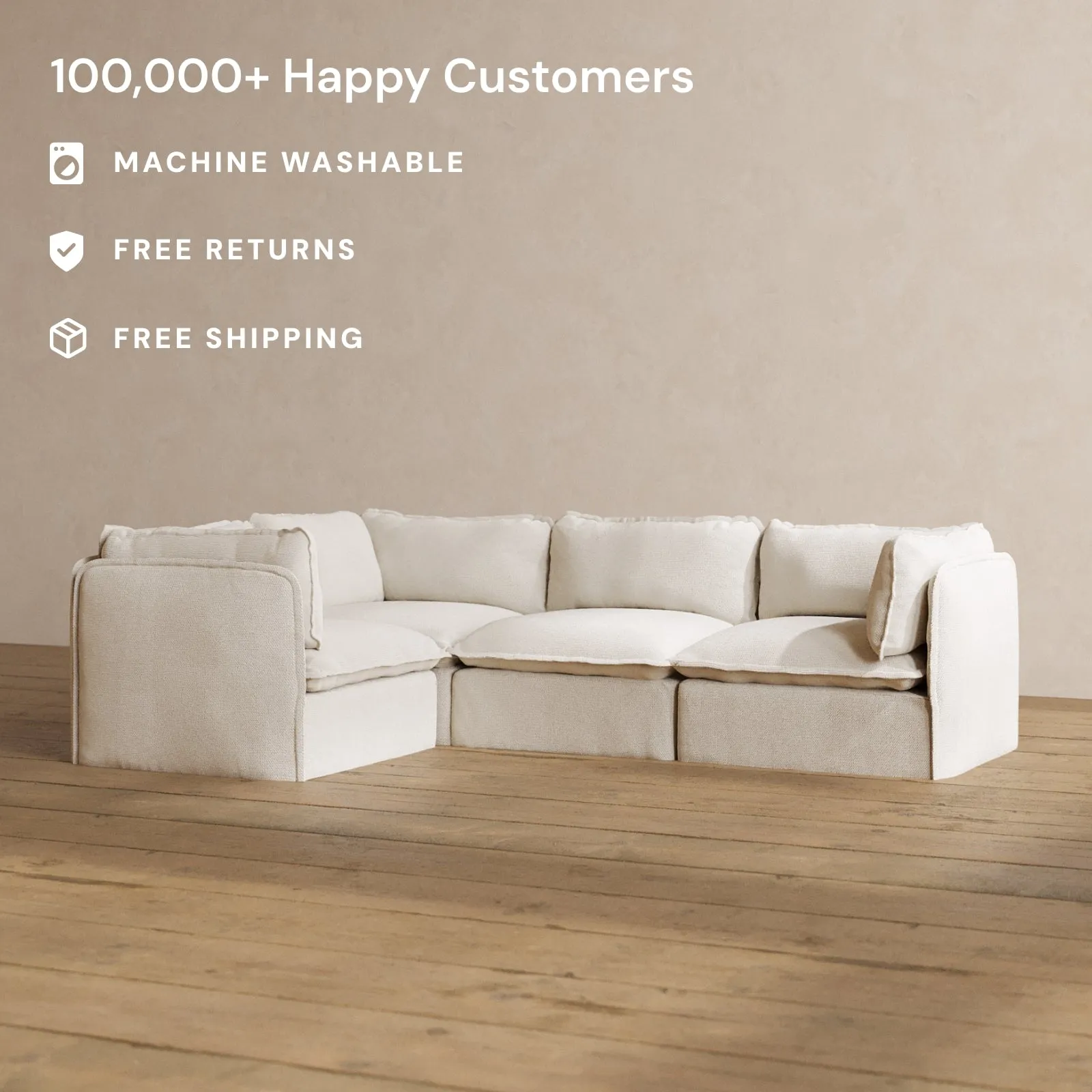 Modular Washable 4-Seater Corner Sectional in Powder | Deluxe  Seat | Cloud Pillow