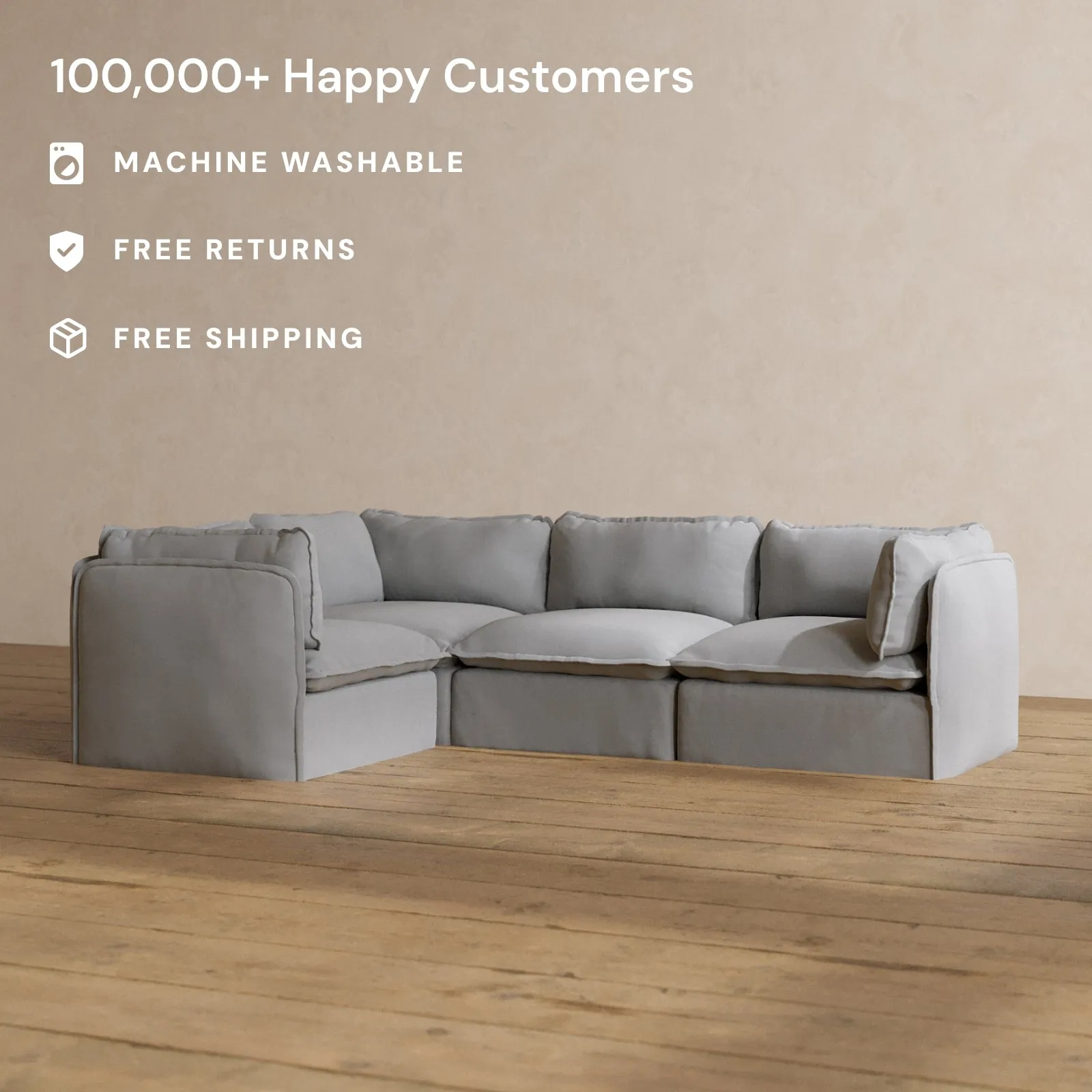 Modular Washable 4-Seater Corner Sectional in Pumice | Deluxe  Seat | Cloud Pillow