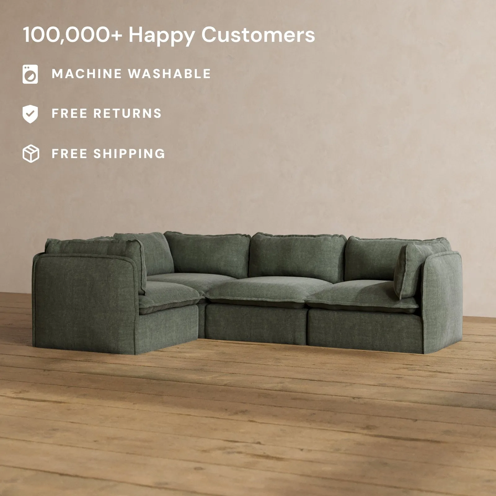 Modular Washable 4-Seater Corner Sectional in Willow | Deluxe  Seat | Cloud Pillow