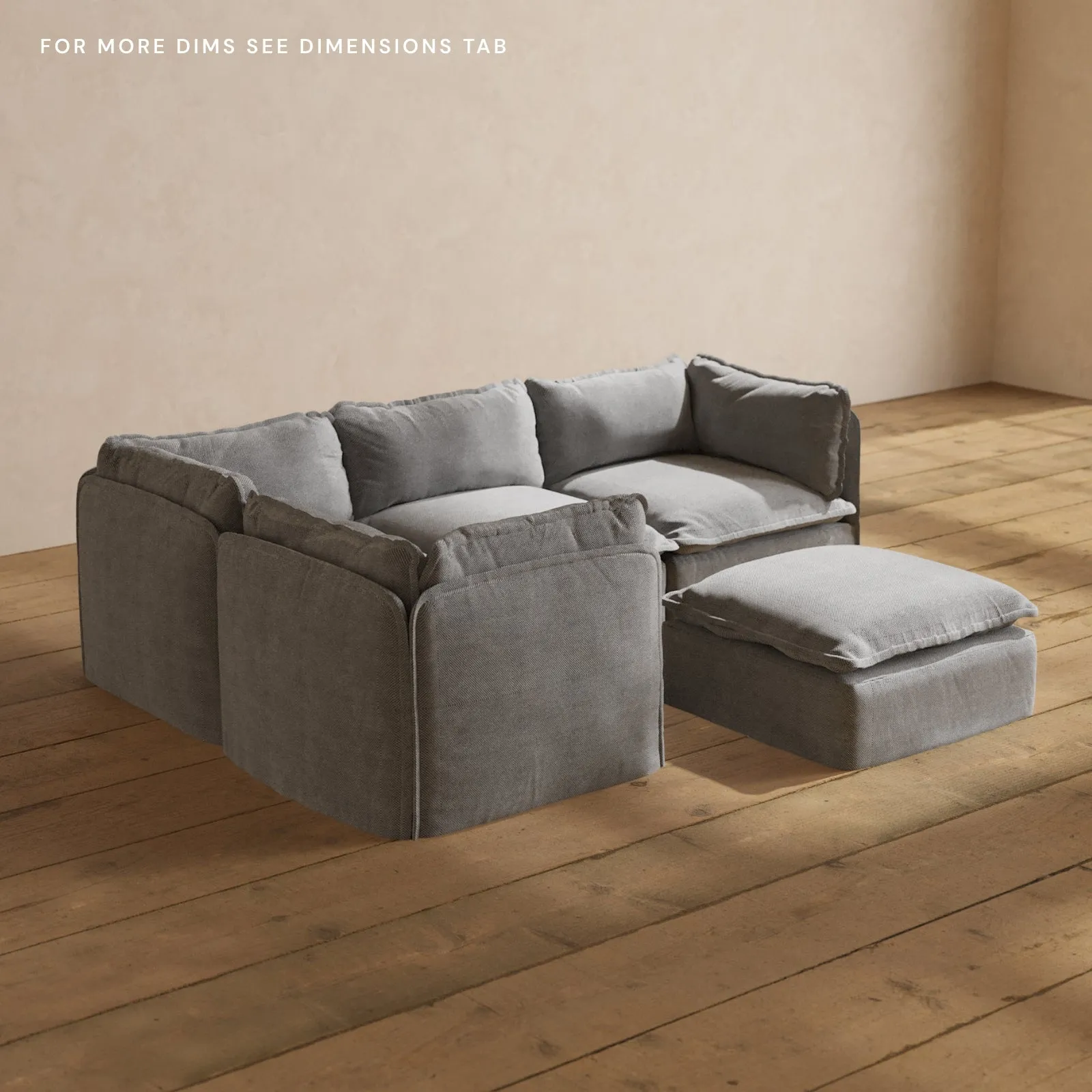 Modular Washable 4-Seater Corner Sectional   Ottoman in Ash | Deluxe  Seat | Cloud Pillow
