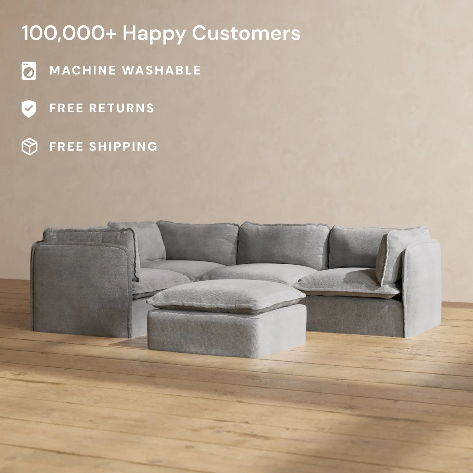 Modular Washable 4-Seater Corner Sectional   Ottoman in Ash | Deluxe  Seat | Cloud Pillow