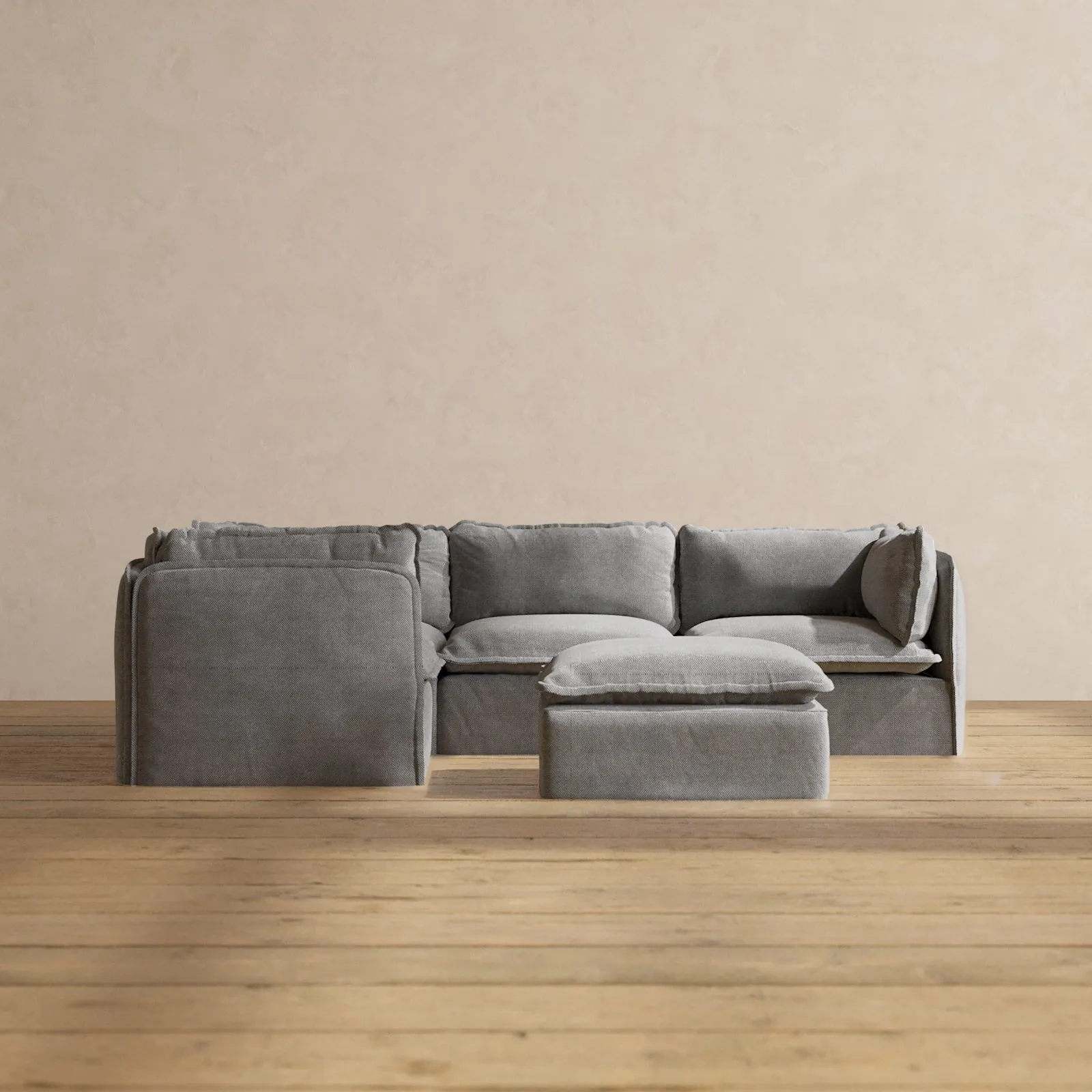 Modular Washable 4-Seater Corner Sectional   Ottoman in Ash | Deluxe  Seat | Cloud Pillow