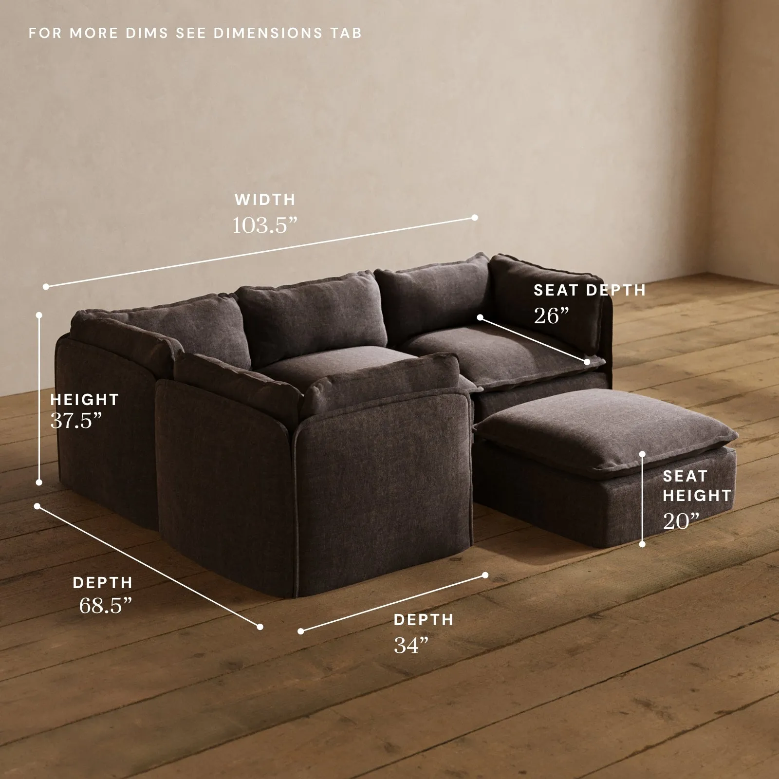 Modular Washable 4-Seater Corner Sectional   Ottoman in Caviar | Deluxe  Seat | Cloud Pillow