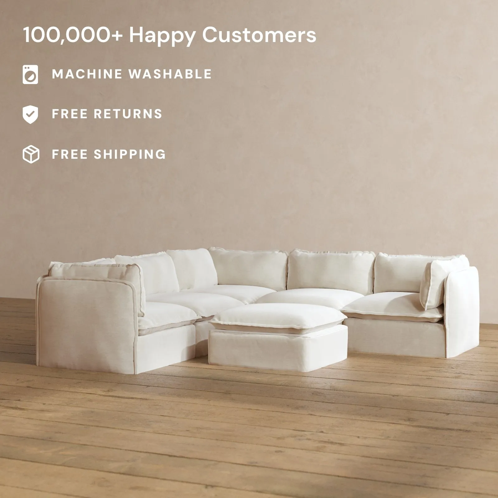 Modular Washable 4-Seater Corner Sectional   Ottoman in Coco | Deluxe  Seat | Cloud Pillow