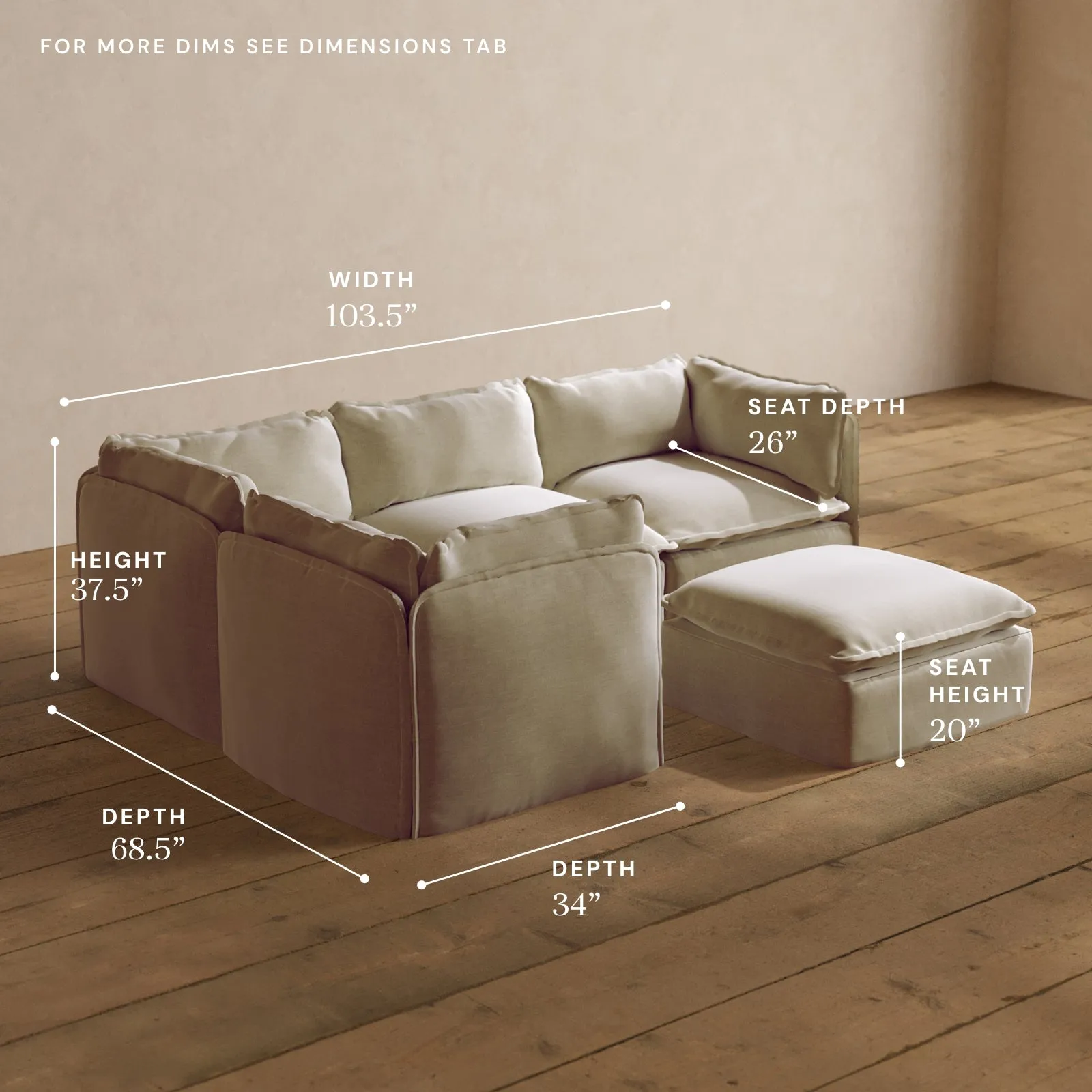 Modular Washable 4-Seater Corner Sectional   Ottoman in Coco | Deluxe  Seat | Cloud Pillow